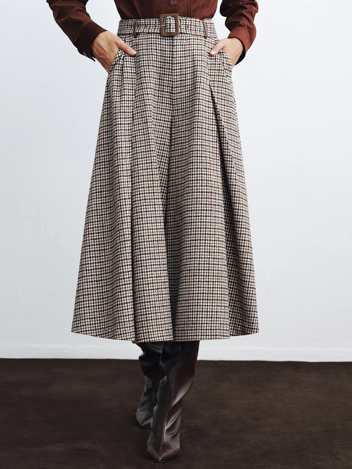 High-Waist Belted Houndstooth Wide-Leg Pants - Wholesalesil