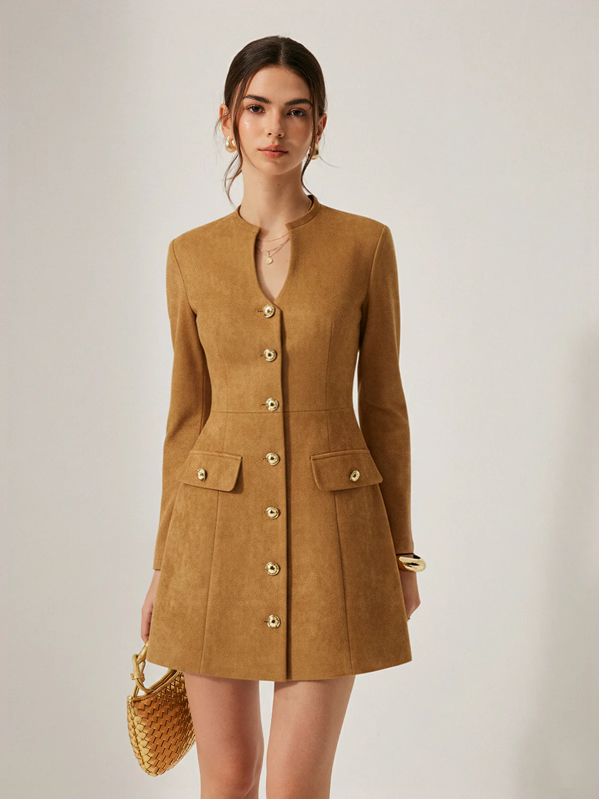 Metal Button Suede Effect Keyhole-Neck Mini Dress - Wholesalesil