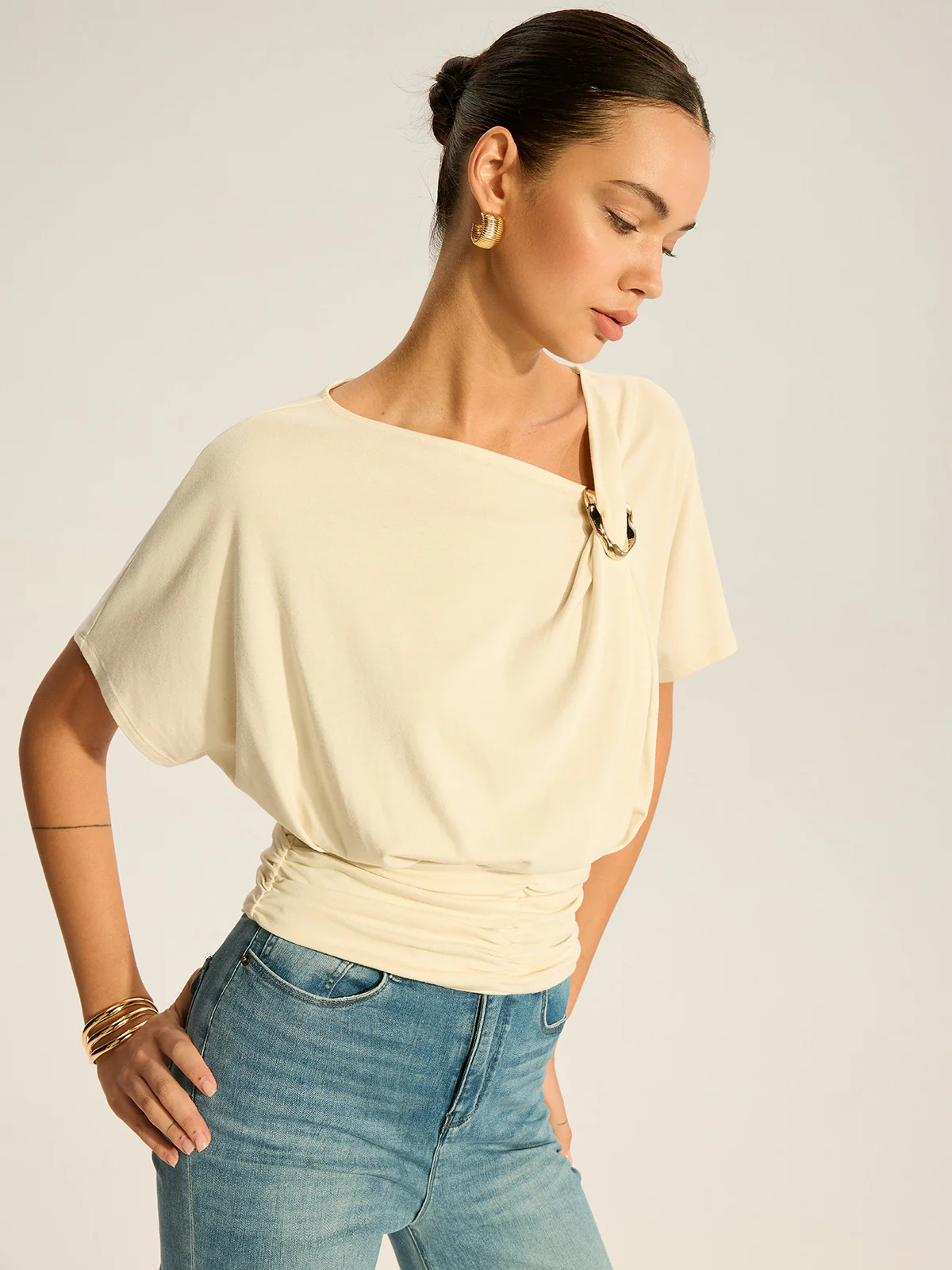 Asymmetrical Ruched Draped Top with Metal Ring Detail - Wholesalesil