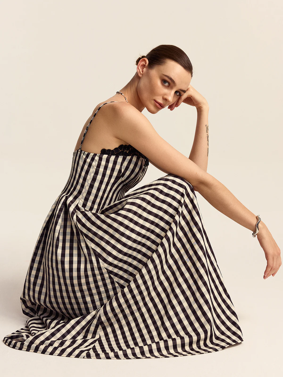 Gingham Spaghetti Strap Midi Dress with Lace Trim - Wholesalesil