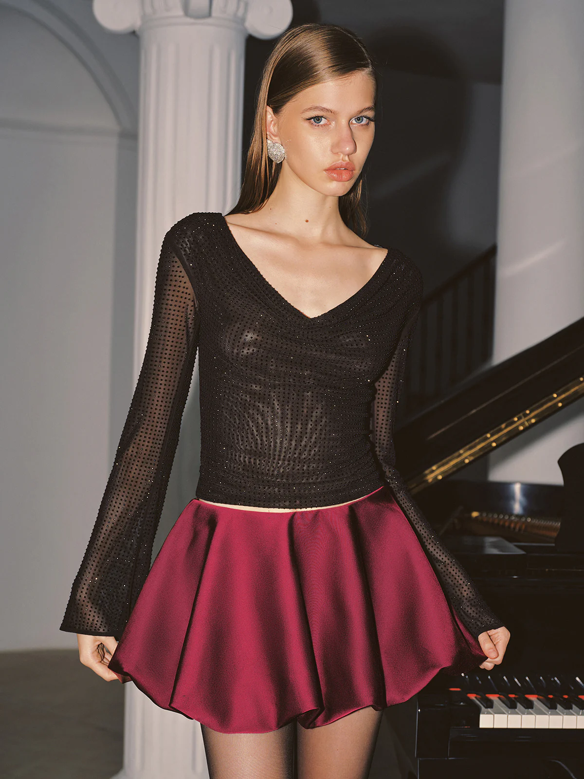 Cowl Neck Rhinestone Long Sleeve Top - Wholesalesil