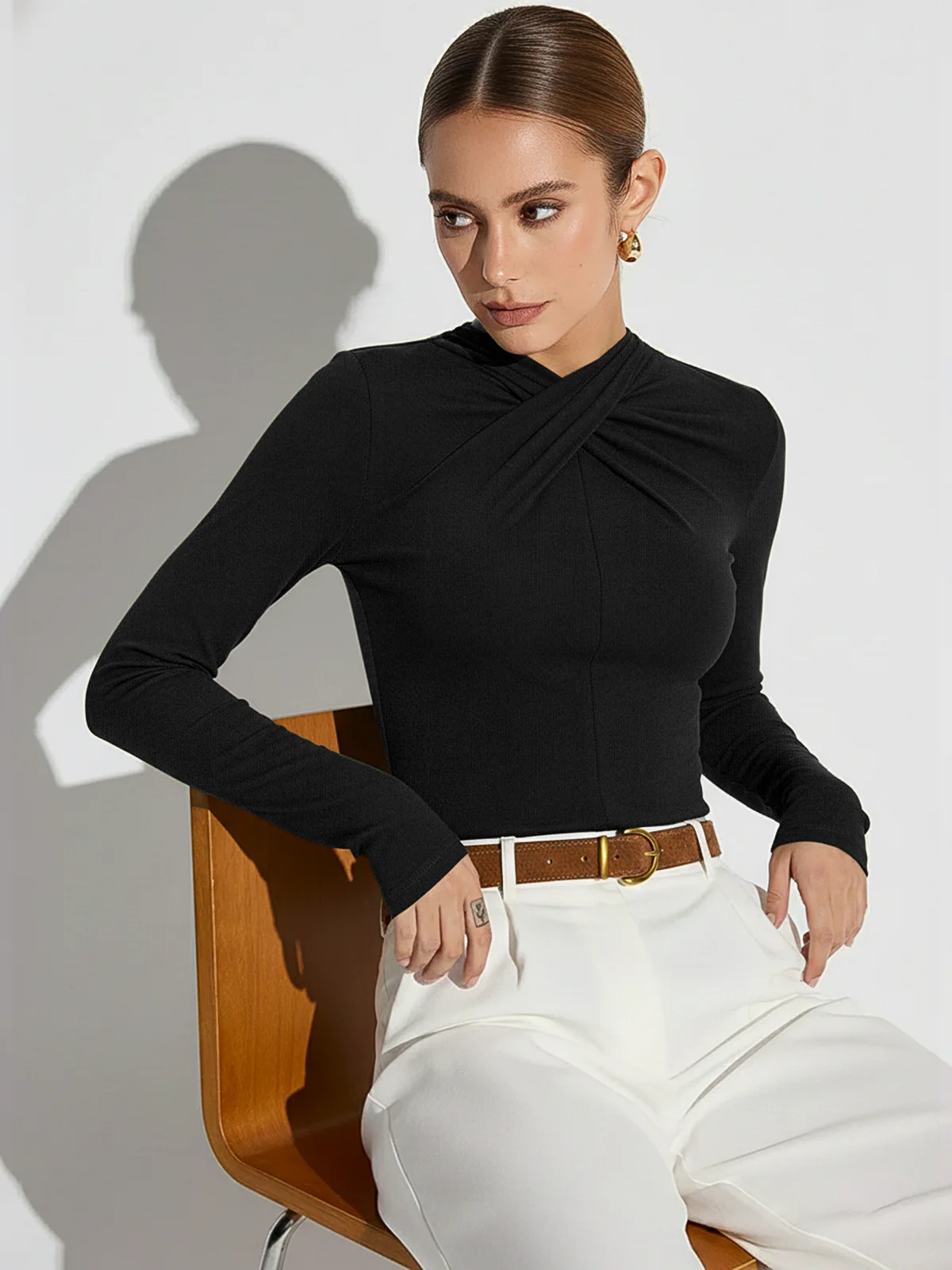 Twisted Front Detail Long Sleeve Knit Top - Wholesalesil