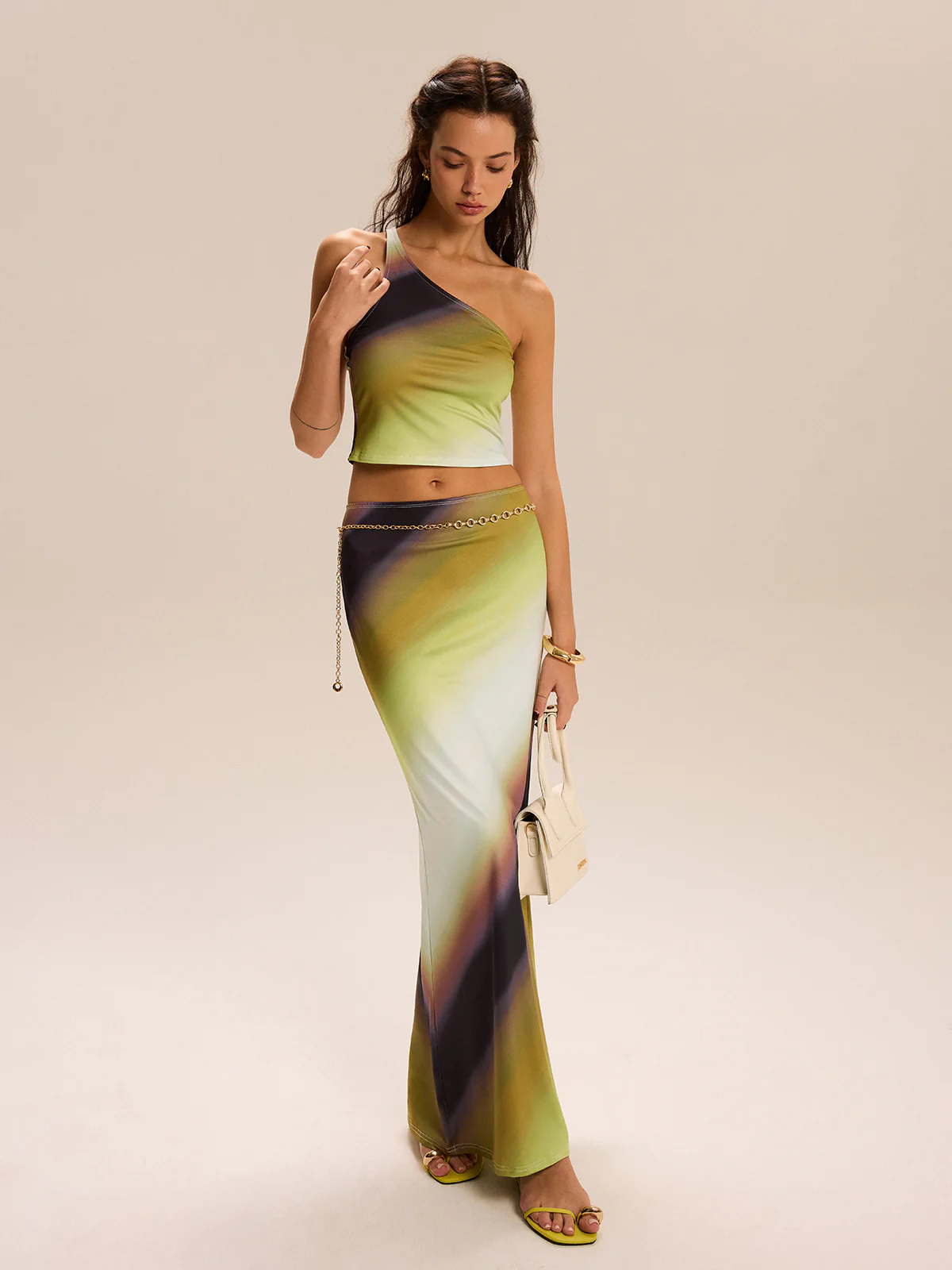 Gradient Print One-Shoulder Skirt Set - Wholesalesil