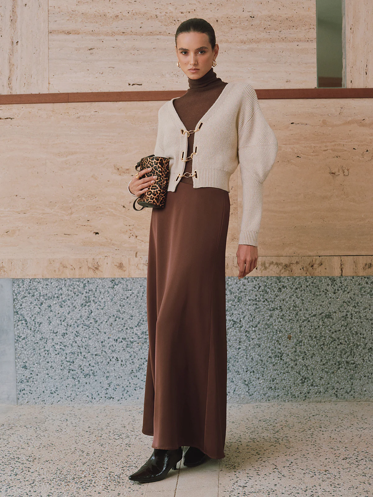 Puff Sleeve Chain Closure Knit Cardigan - Wholesalesil