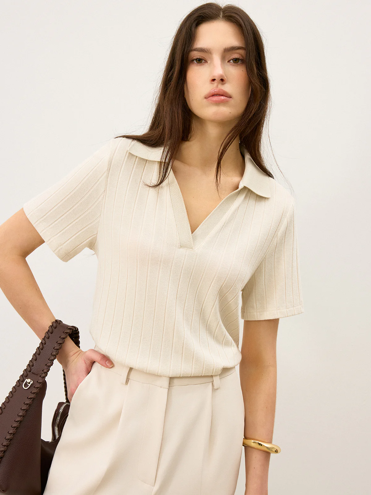 Ribbed Polo-Neck Knit Top - Wholesalesil