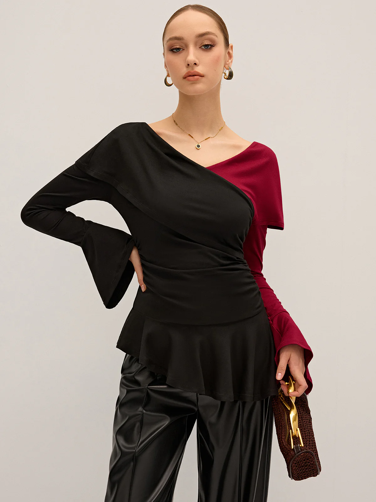 Two-Tone Asymmetric Peplum T-Shirt - Wholesalesil