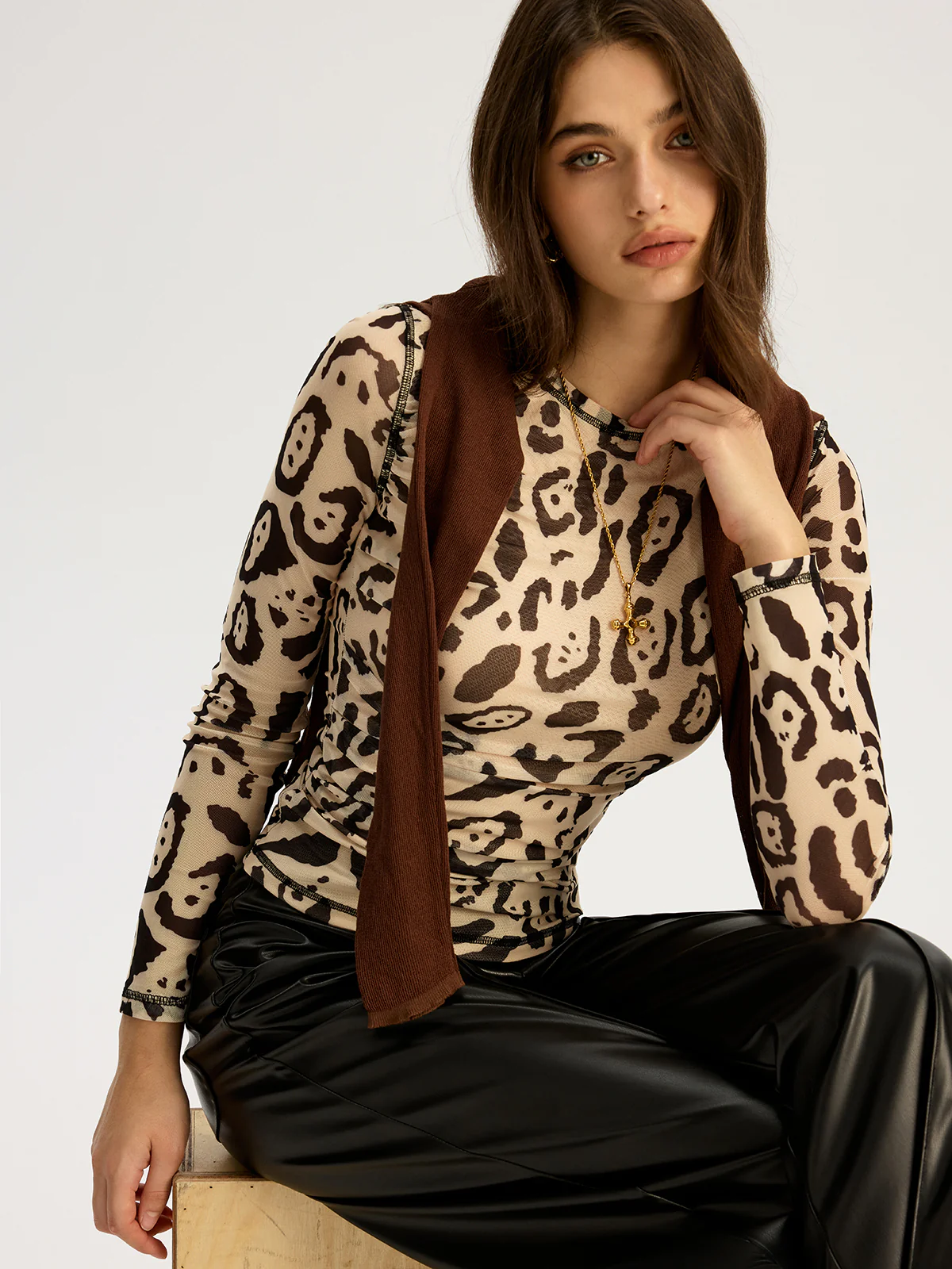 Leopard Print Mesh Long Sleeve Top - Wholesalesil