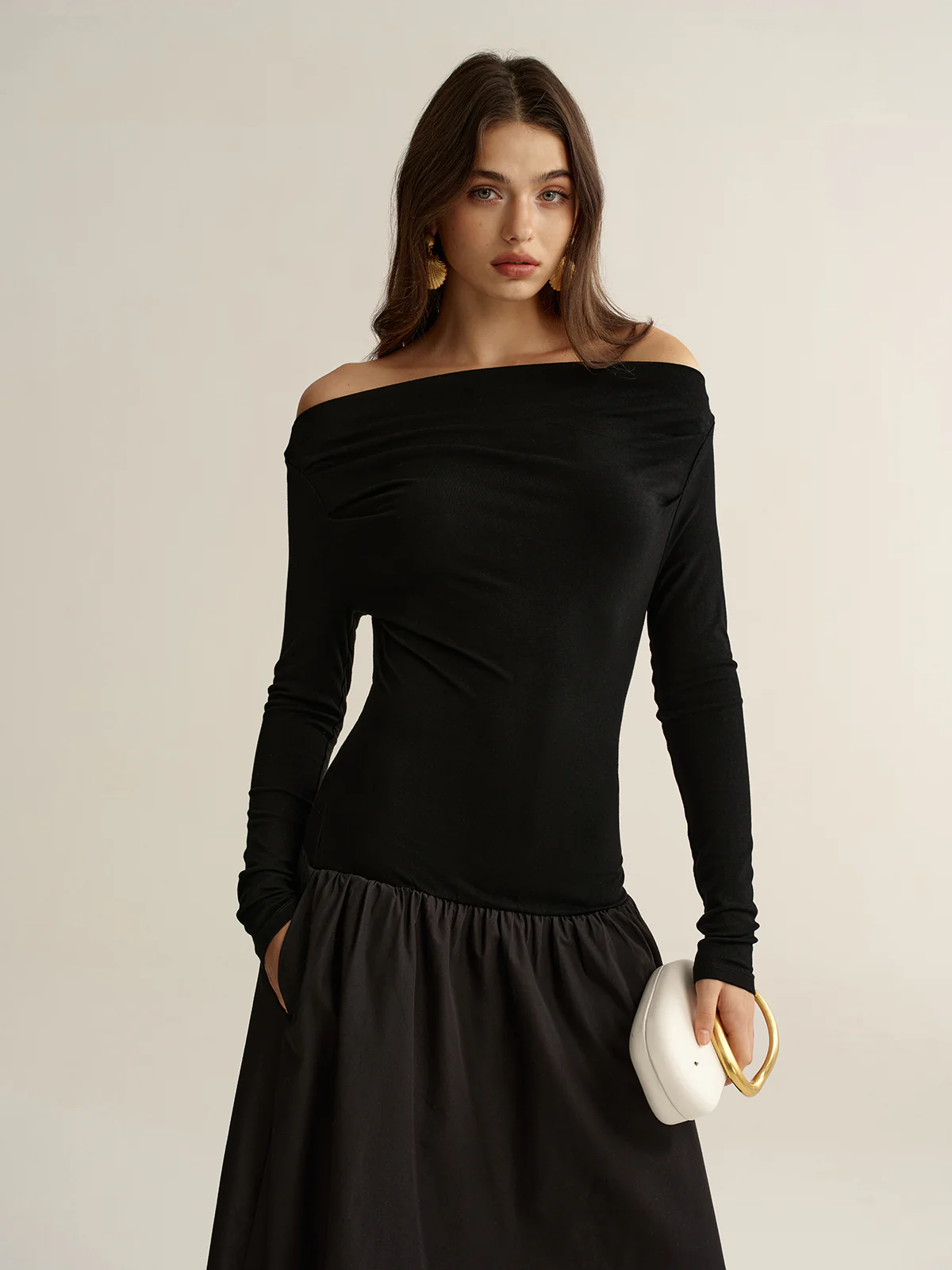 Off-Shoulder Long-Sleeve Maxi Dress - Wholesalesil