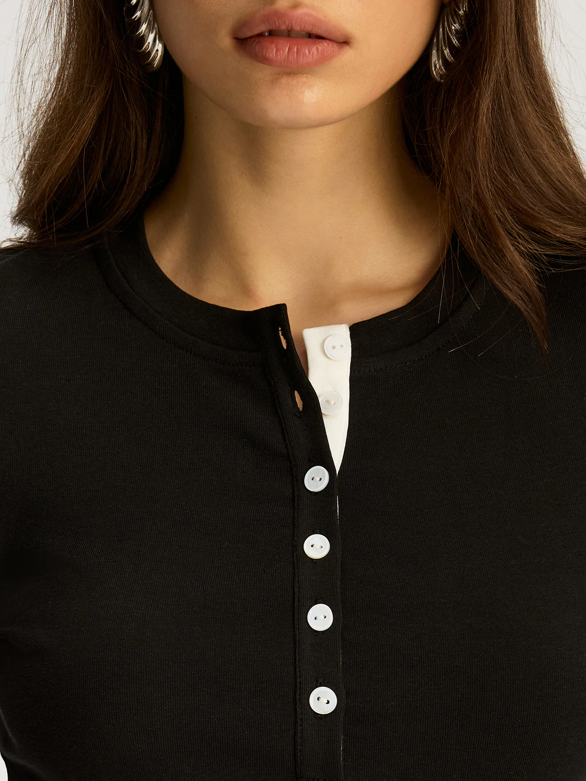 Contrast Trim Cotton Blend Long Sleeve Top - Wholesalesil