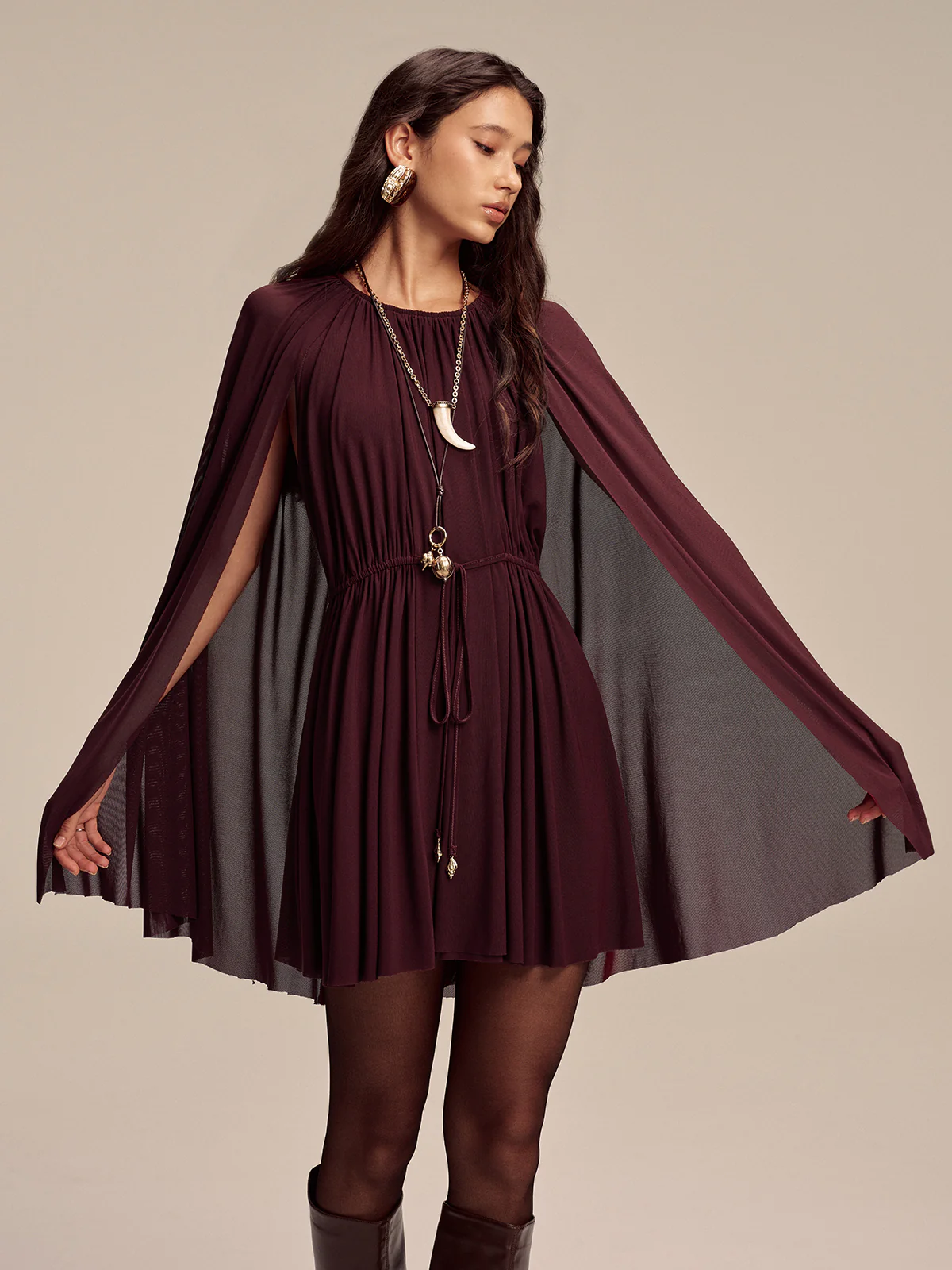 Mesh Cape Sleeve Tie-Waist Mini Dress - Wholesalesil