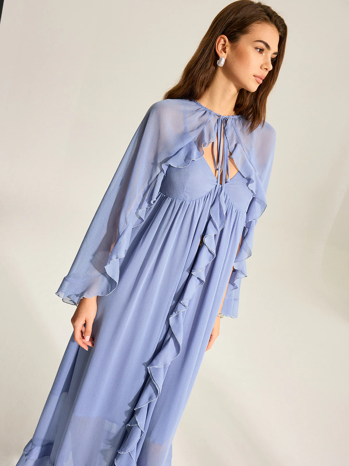 Semi-Sheer Cape Two-Piece Ruffled Chiffon Dress - Wholesalesil