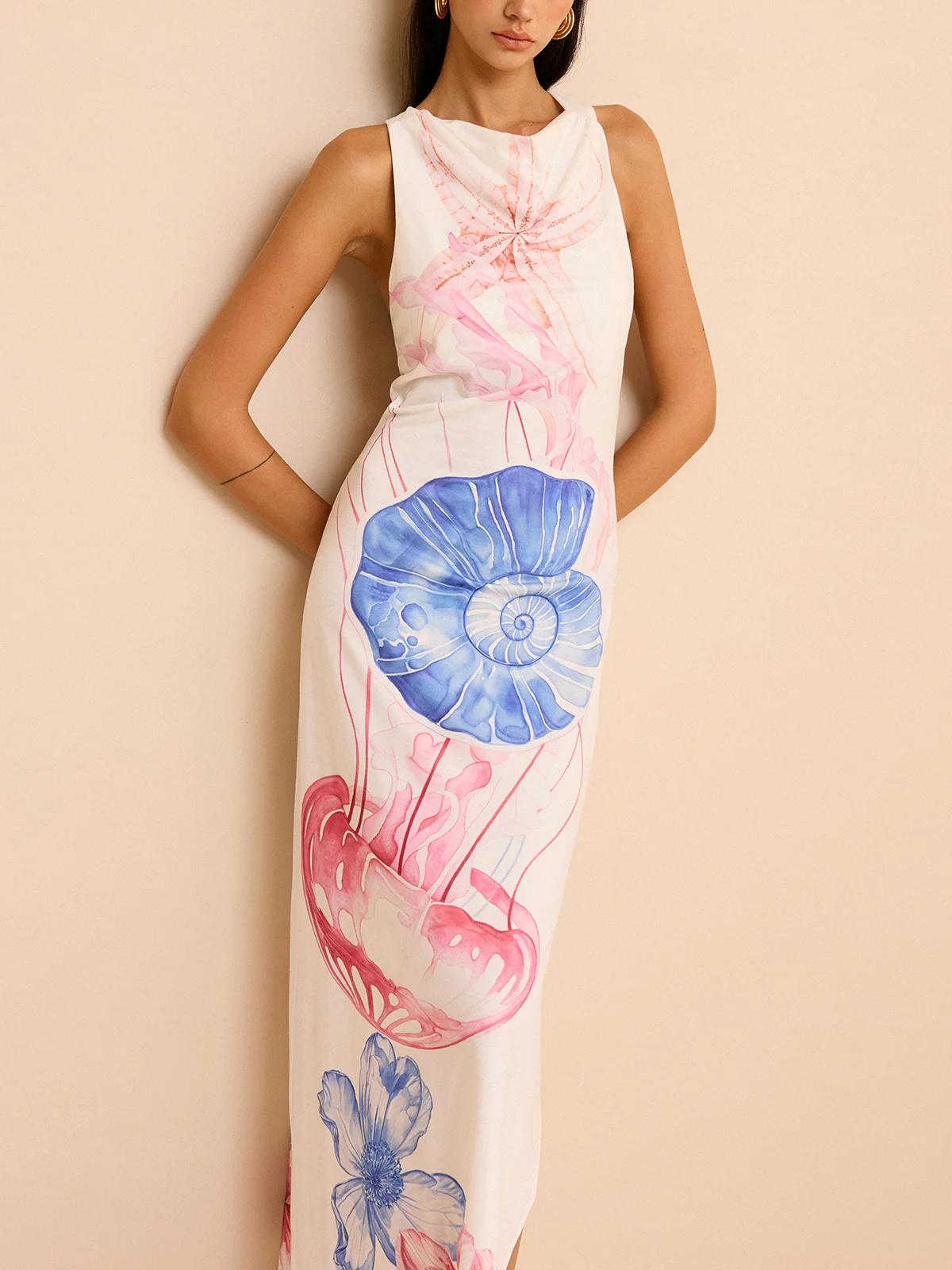 Semi-Sheer Ocean Print Maxi Dress with Slit - Wholesalesil