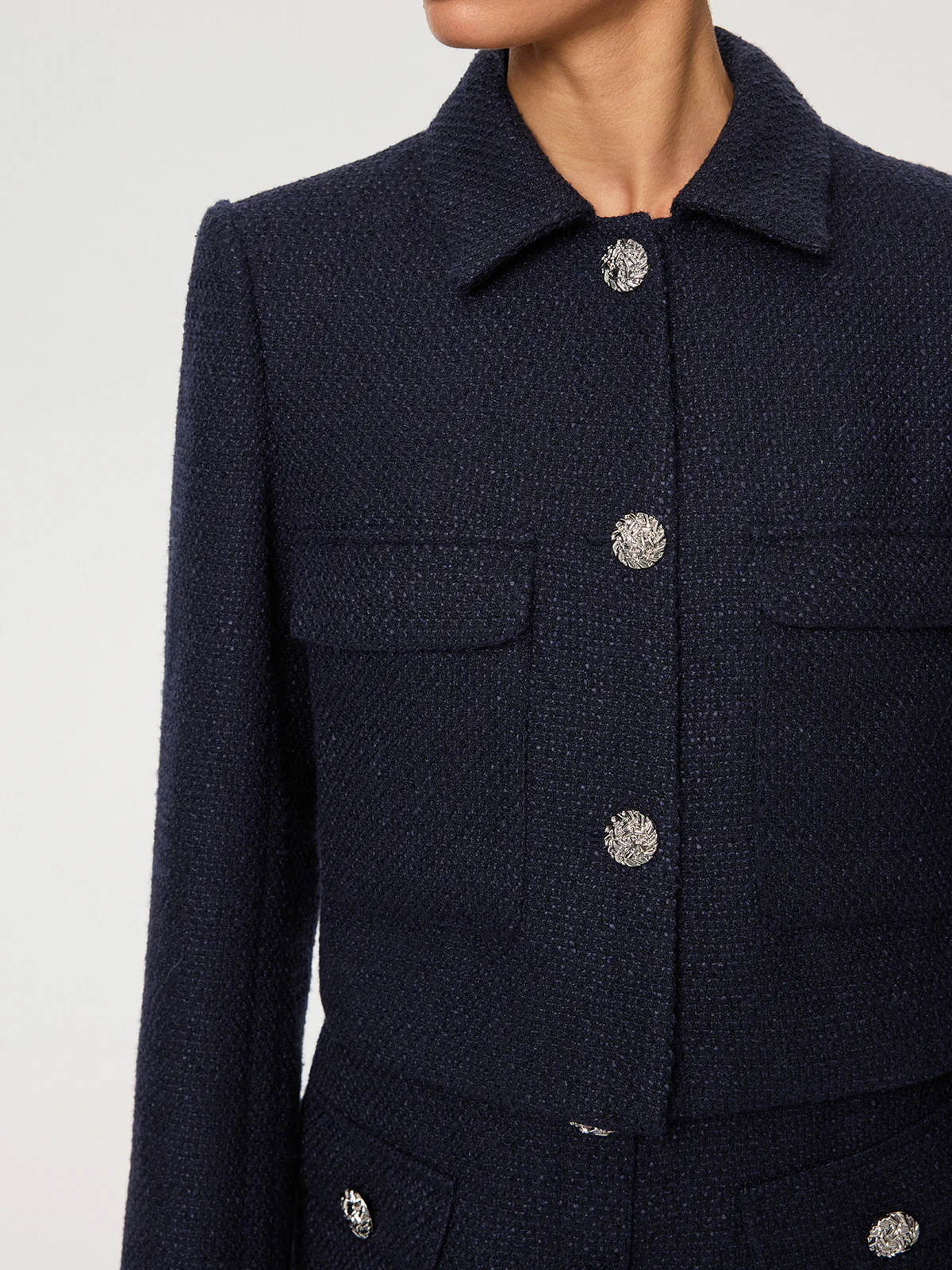 Metal Button Tweed Collared Jacket - Wholesalesil