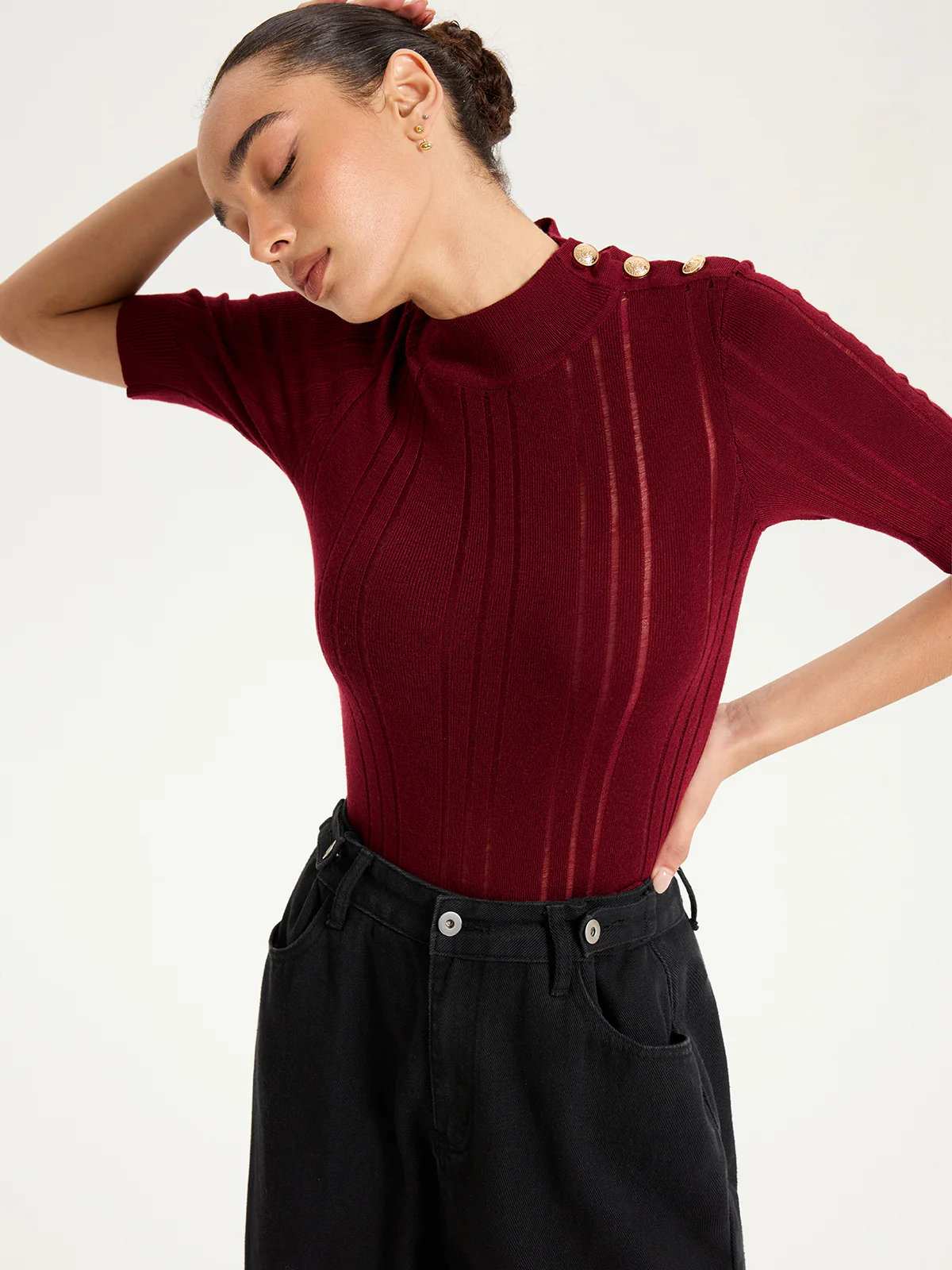 Shoulder Button Mock Neck Short Sleeve Sweater - Wholesalesil
