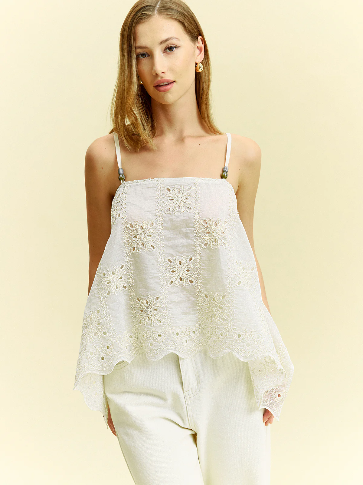 Semi-Sheer Embroidered Eyelet Cami Top - Wholesalesil