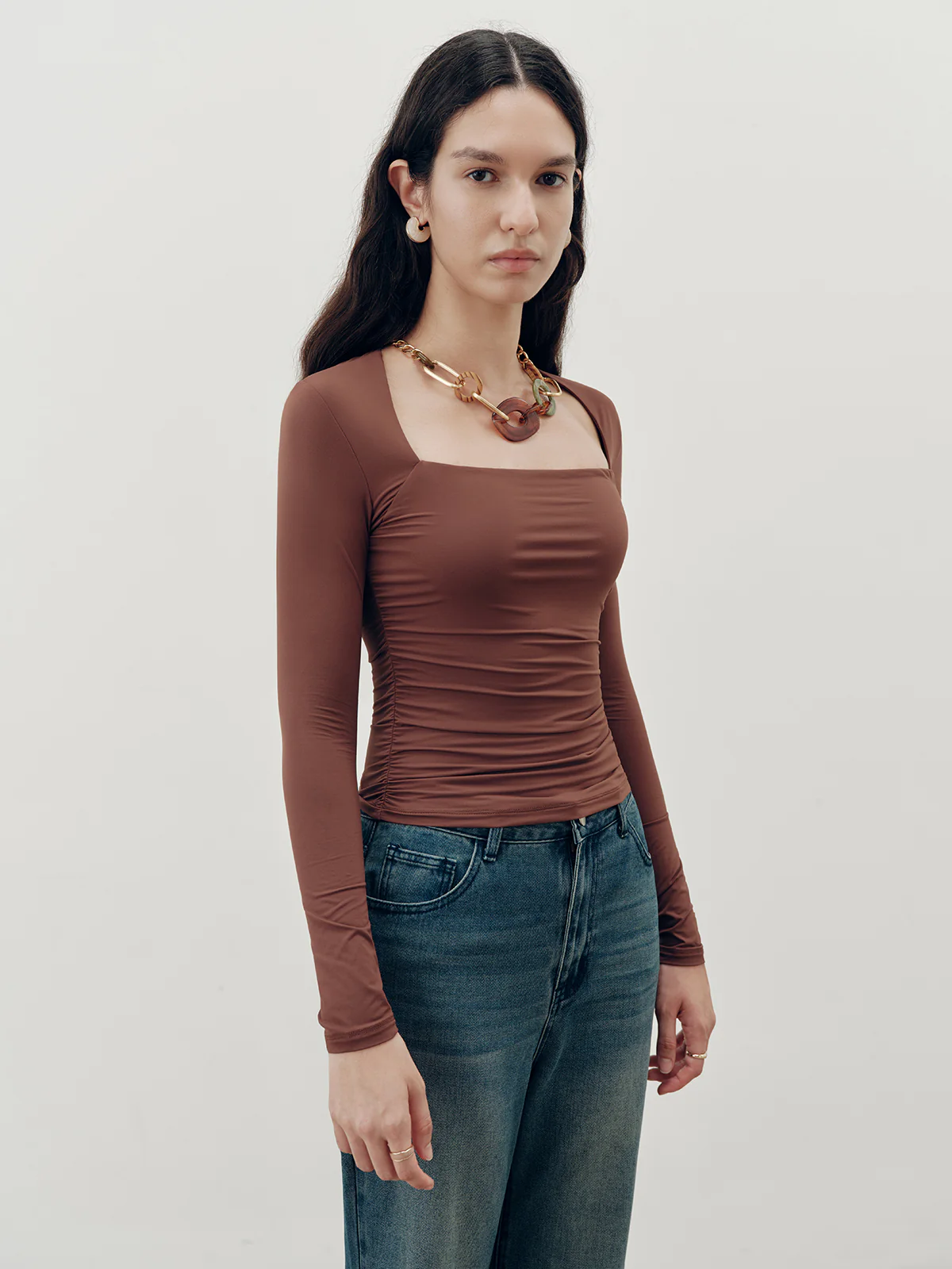 Square-Neck Ruched Long Sleeve Top - Wholesalesil
