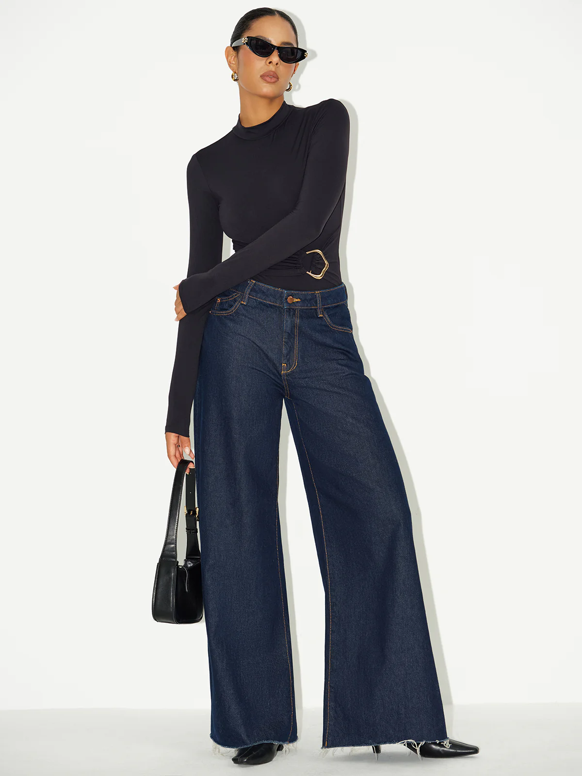 Metal Buckle Stand Collar Long Sleeve Bodysuit - Wholesalesil