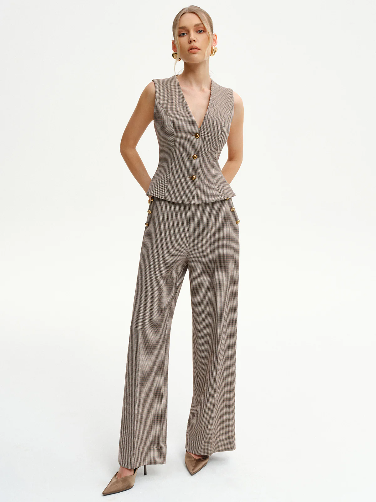 Houndstooth Metal Detail Mid-Waist Pants - Wholesalesil