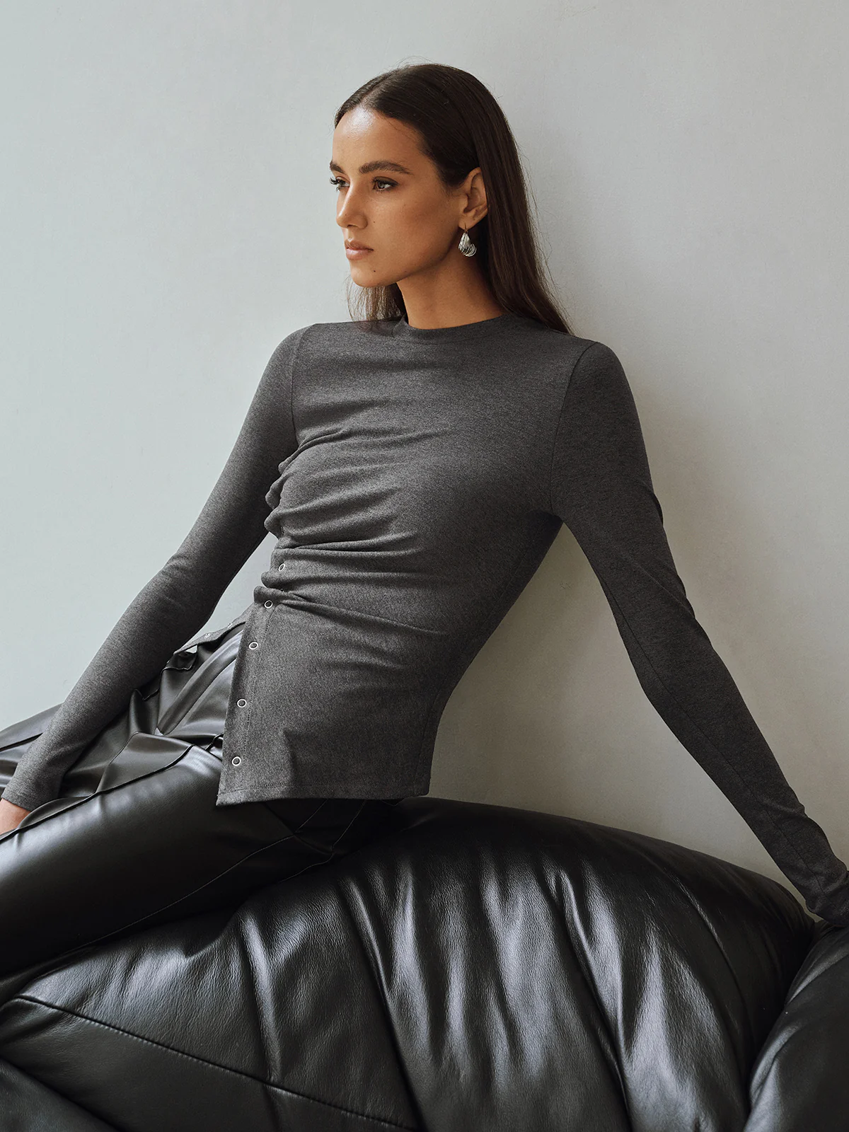 Asymmetric Ruched Long Sleeve Top - Wholesalesil