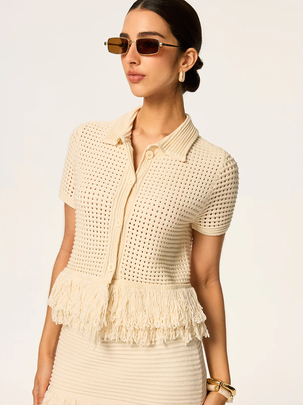 Fringed Mesh-Knit Polo Short Sleeve Top - Wholesalesil