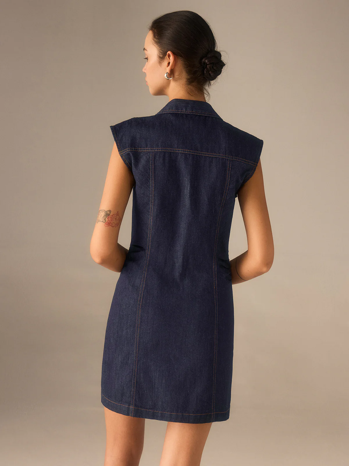 Denim Button-Front Collared Sleeveless Dress Without Belted - Wholesalesil