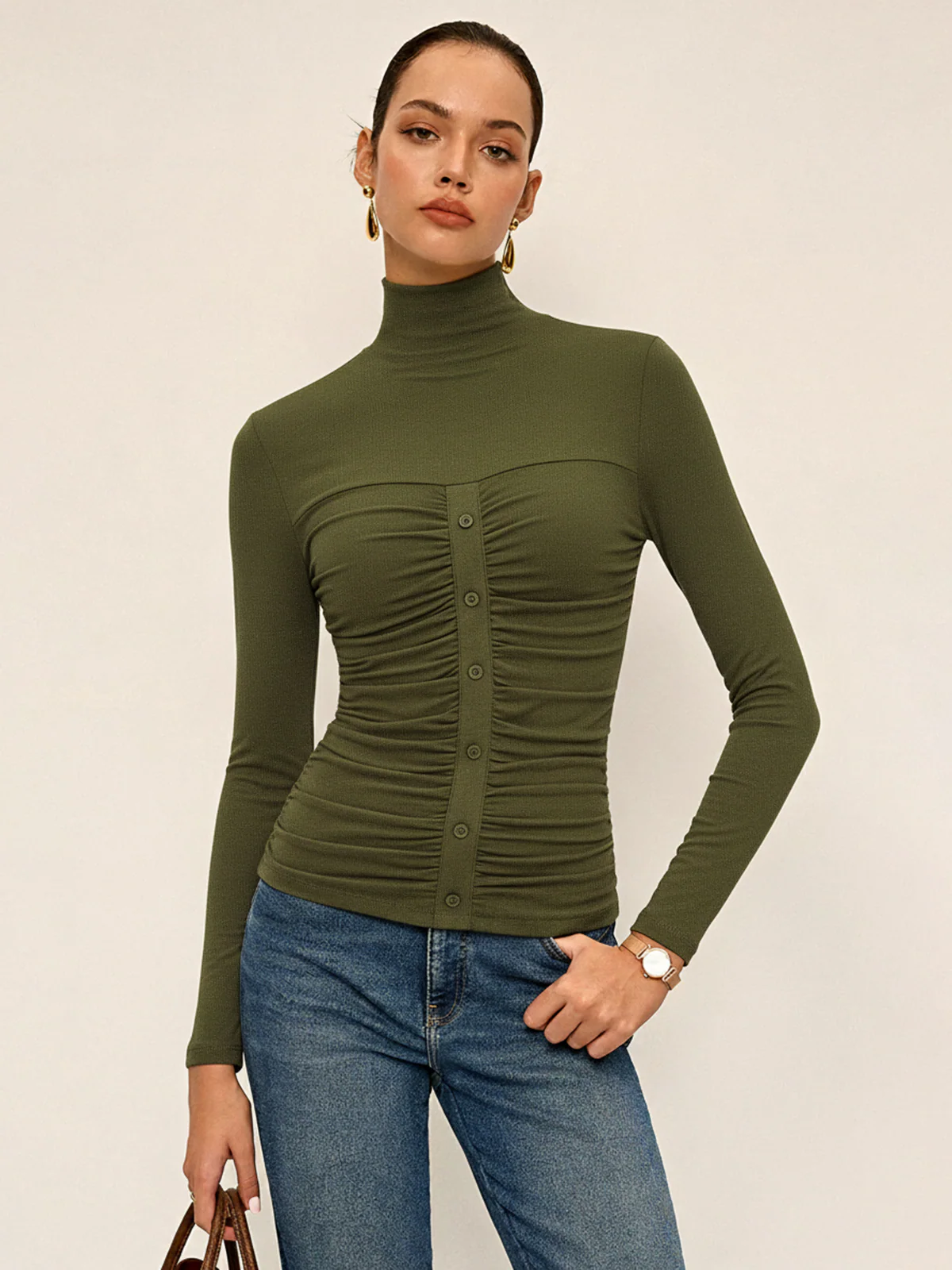 Turtleneck Ruched Decor Button Knit Top - Wholesalesil