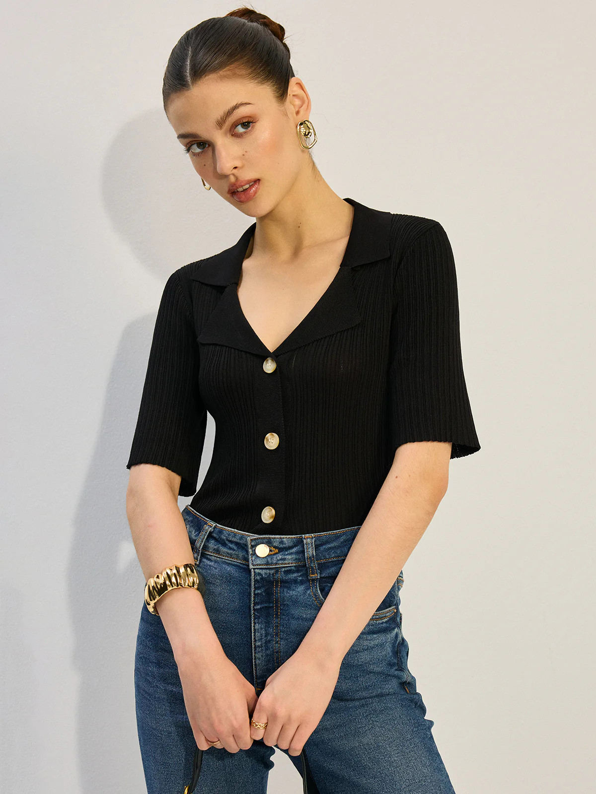 Knit Button-Up Blouse - Wholesalesil