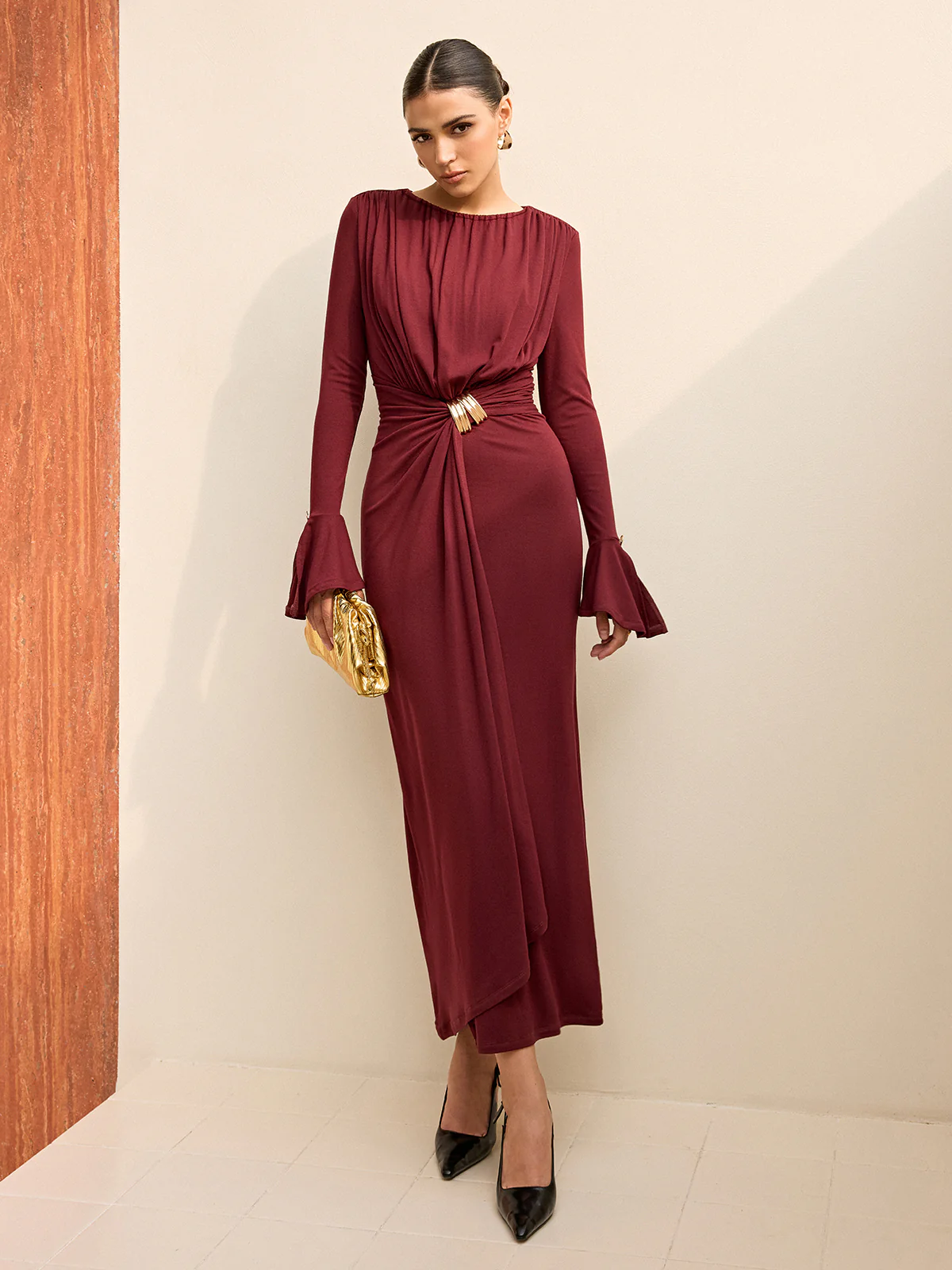 Long-Sleeve Draped Maxi Dress - Wholesalesil