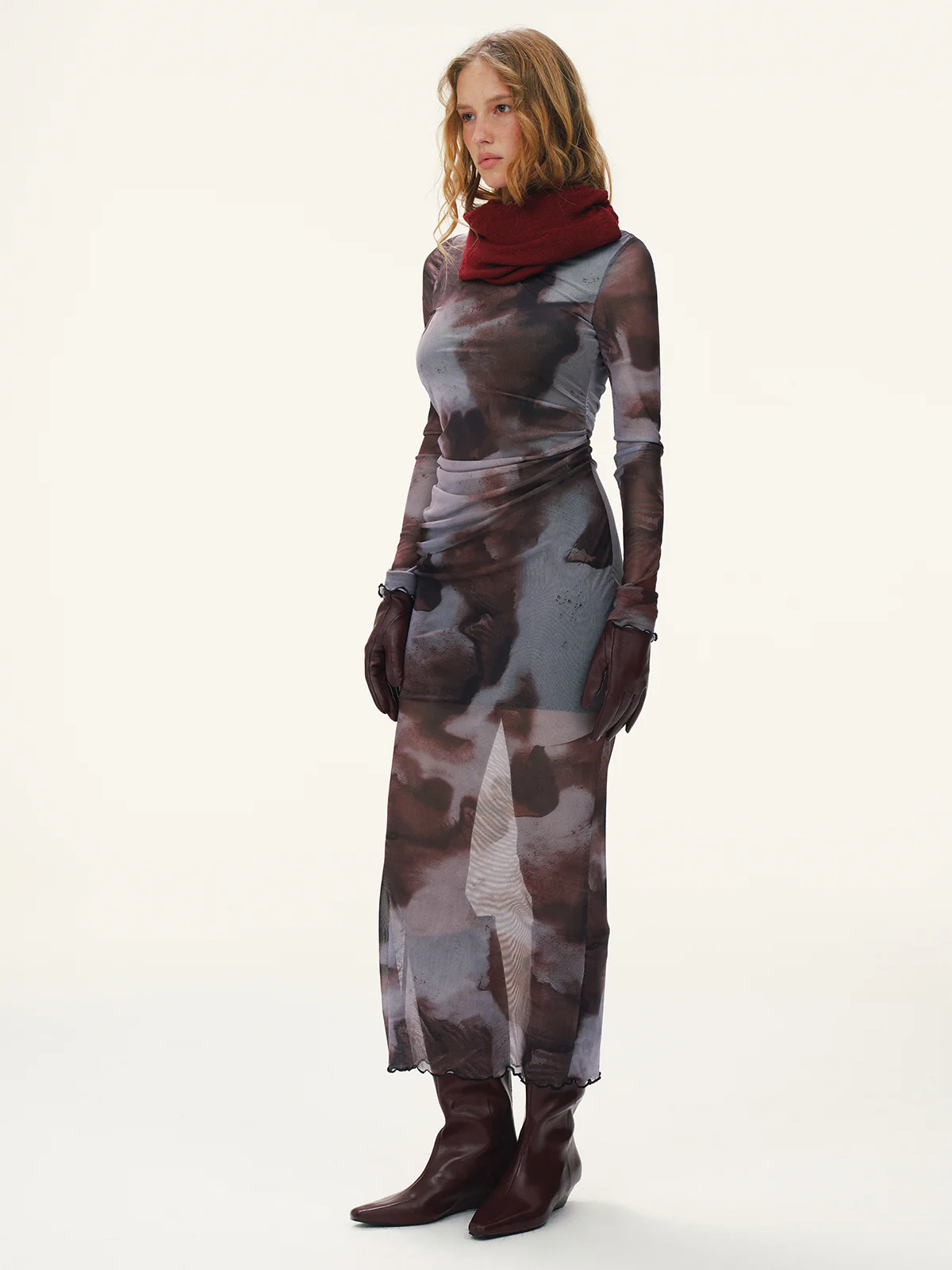 Tie-Dye Mesh Long Sleeve Maxi Dress - Wholesalesil