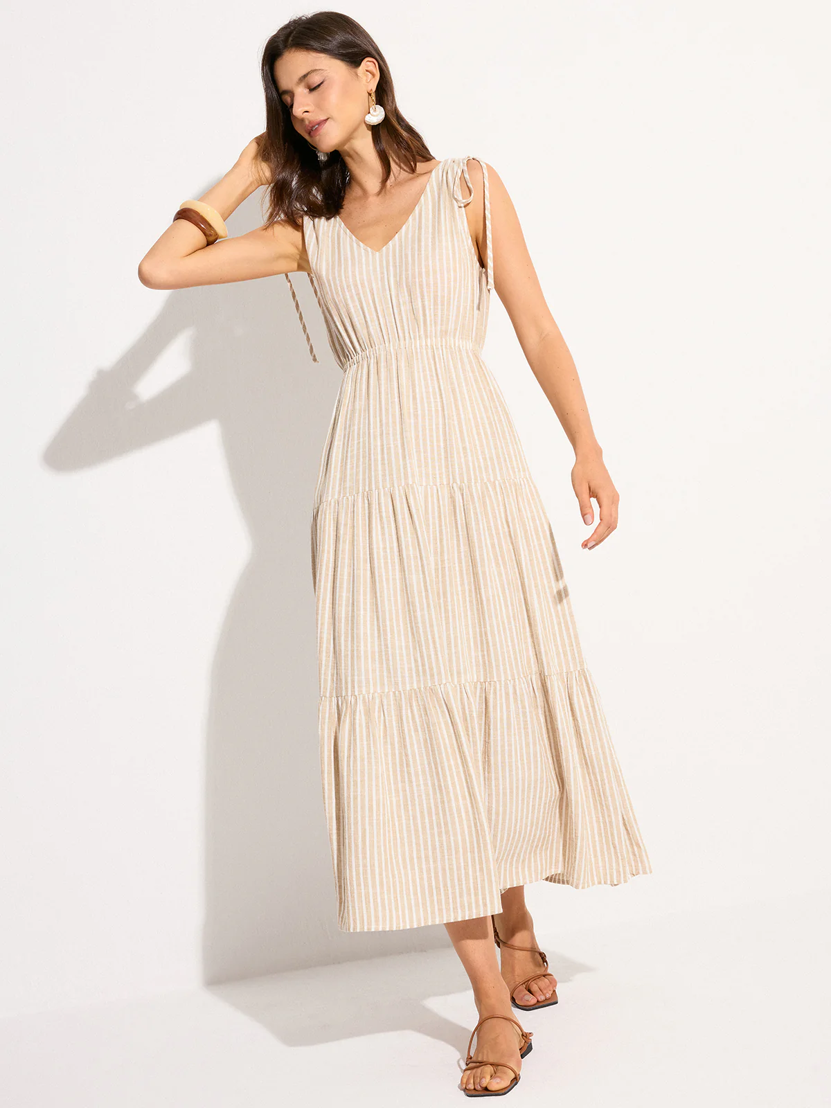 Pocketed Striped Linen & Cotton Tiered Maxi Dress - Wholesalesil