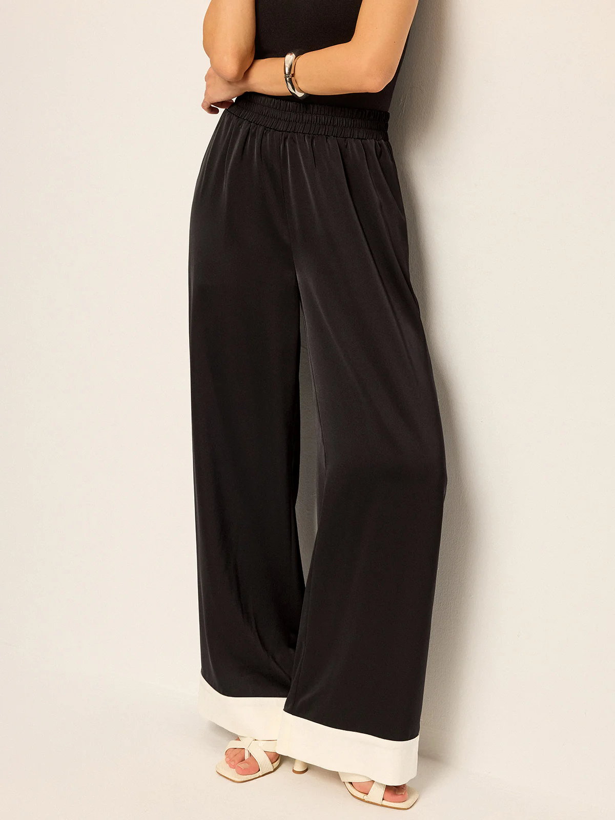 Satin Wide-Leg Pants with Contrast Cuffs - Wholesalesil