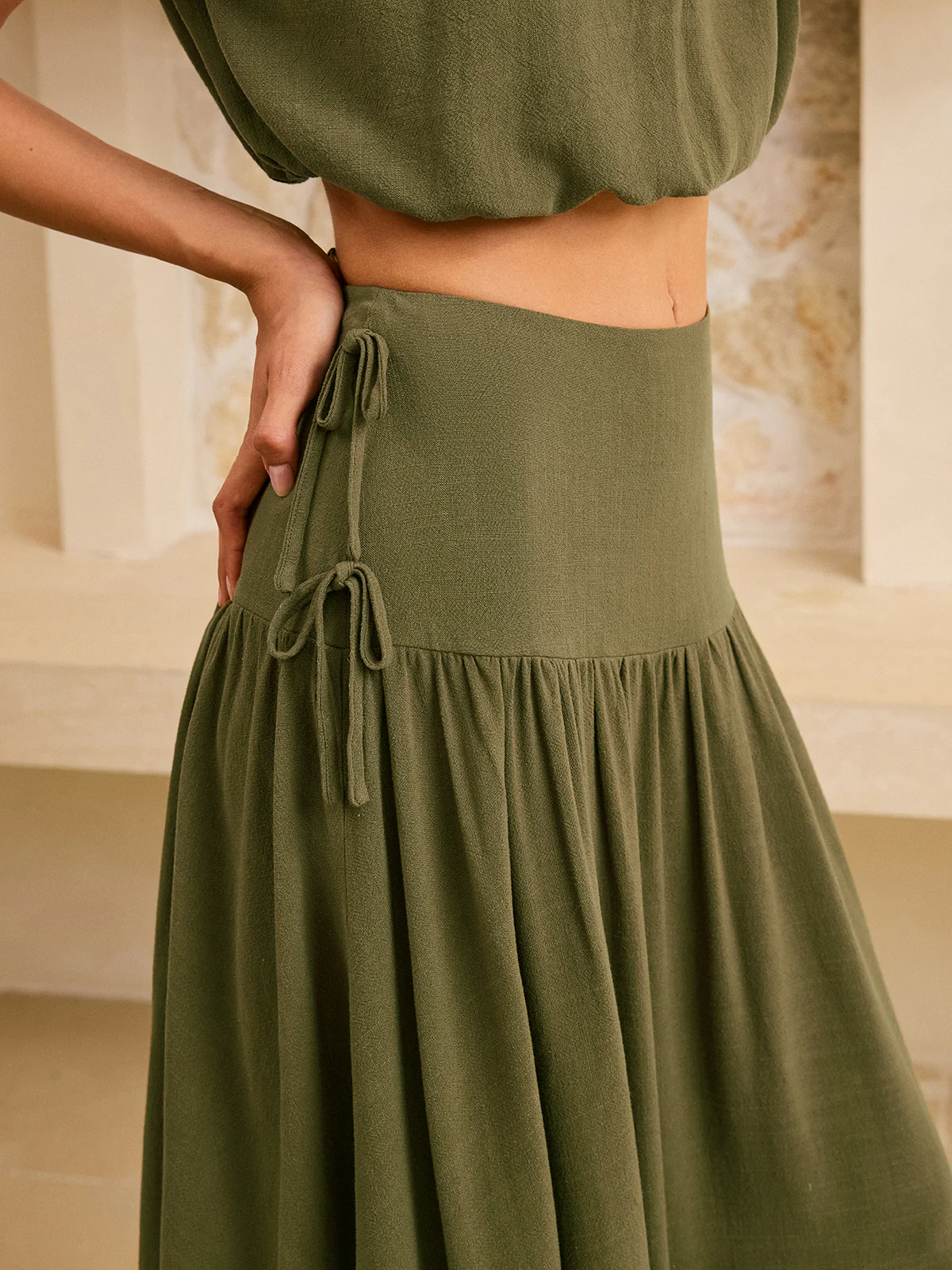 Tie-Detail Crop Top and Maxi Ruffled Skirt Set - Wholesalesil
