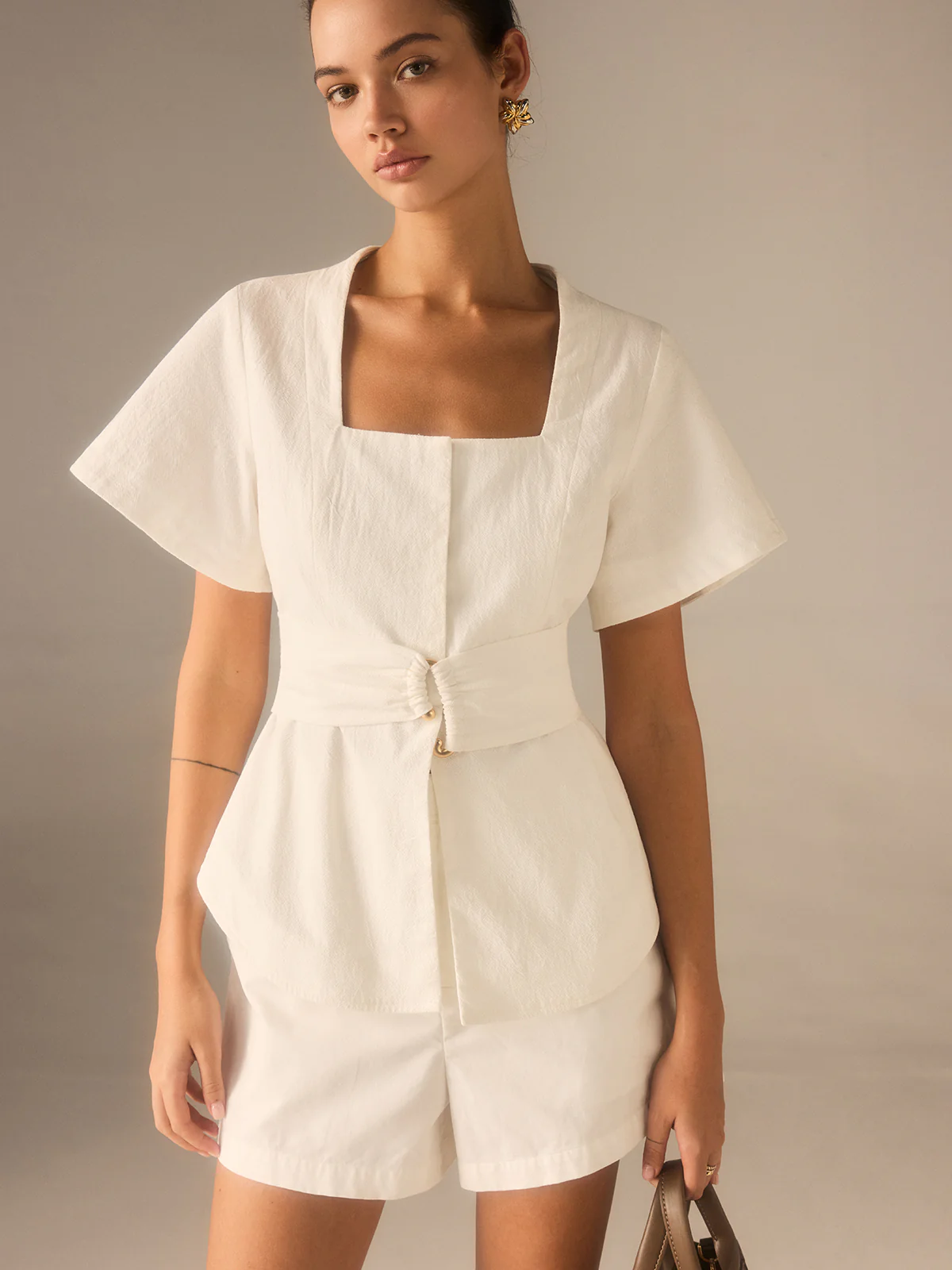 Cotton Square Neckline Top with Belted Waist - Wholesalesil