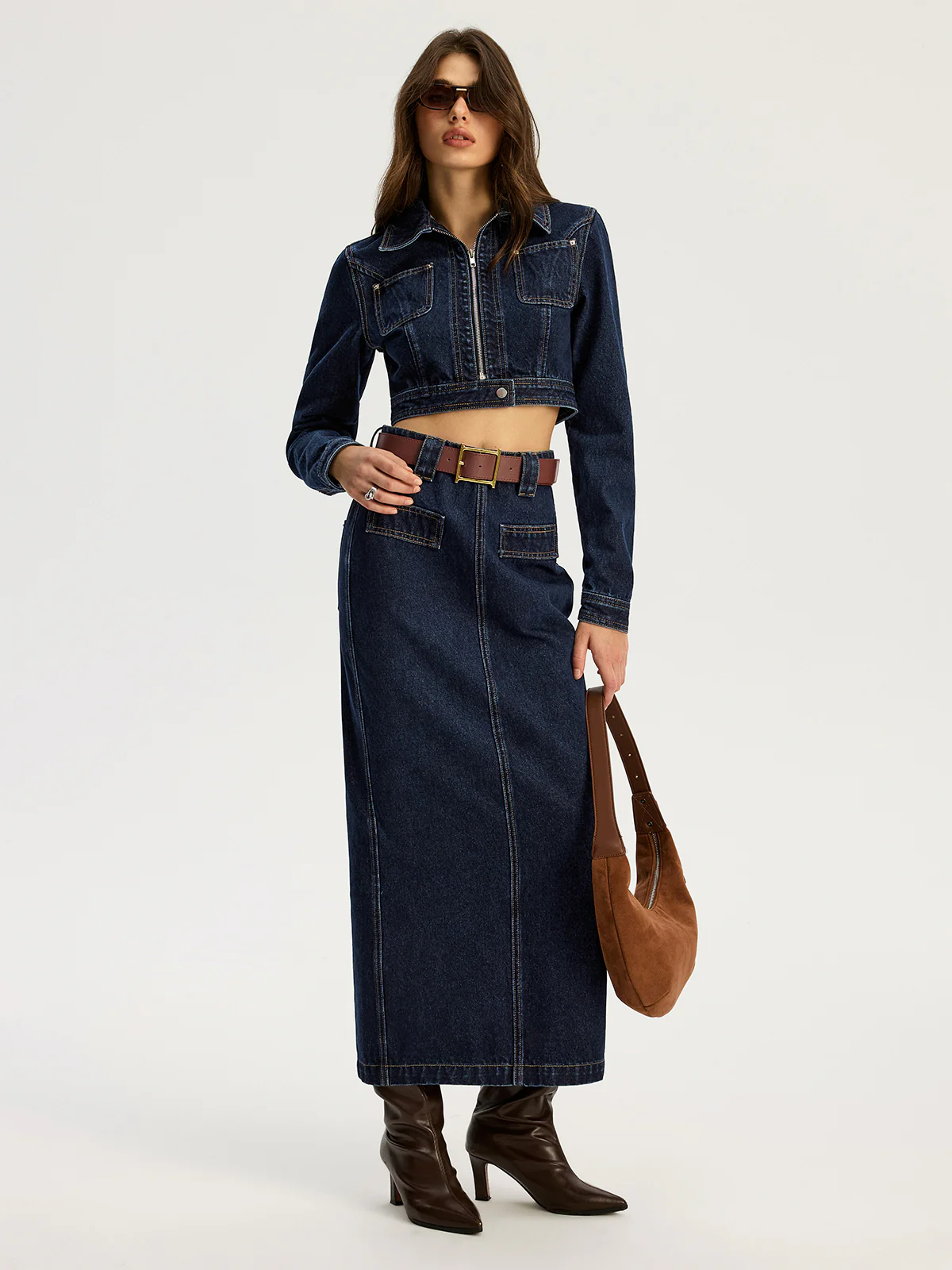 Belted Denim Maxi Skirt - Wholesalesil