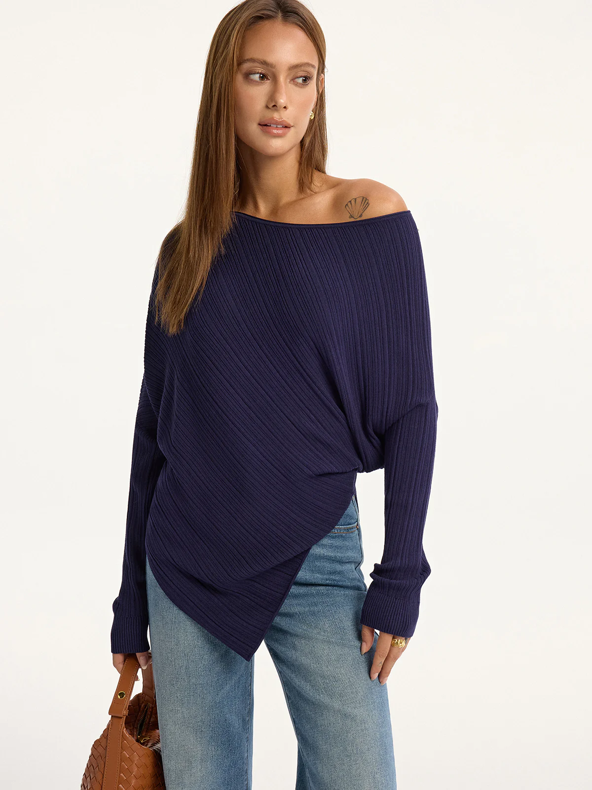 Textured Off-Shoulder Asymmetric Sweater - Wholesalesil