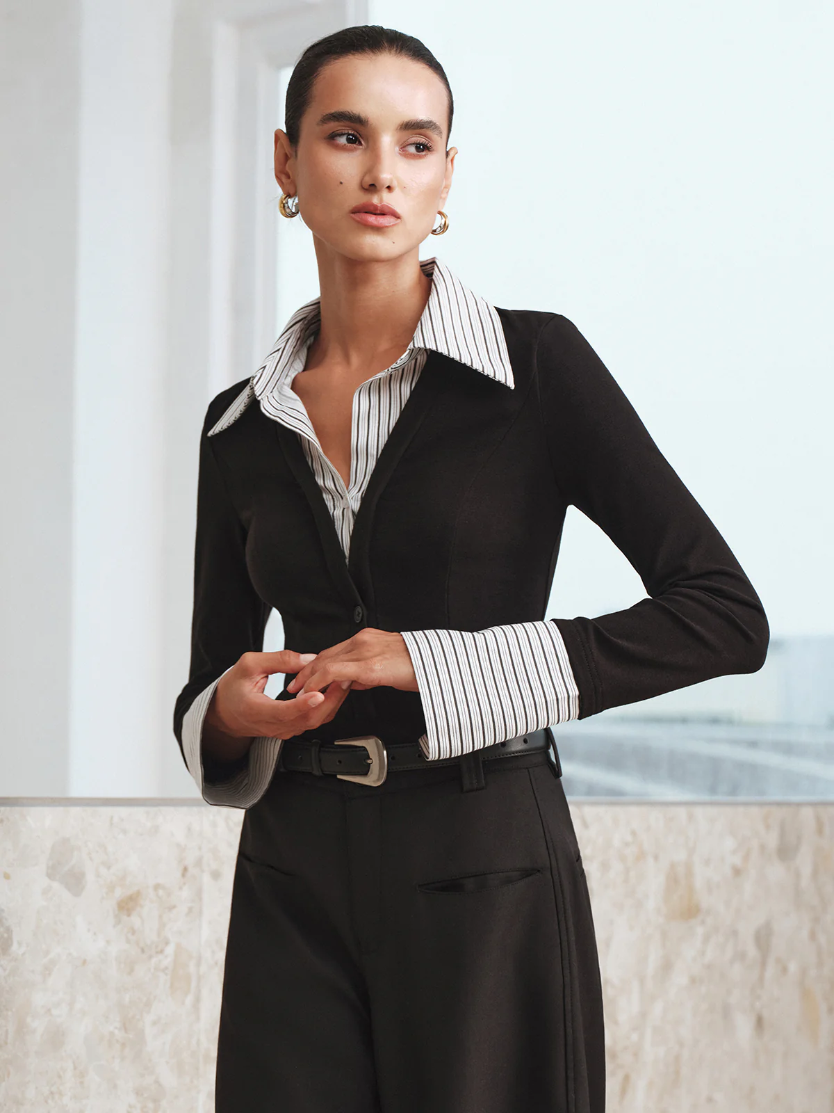 Mock Two-Piece Long-Sleeve Two Tone Polo Top - Wholesalesil