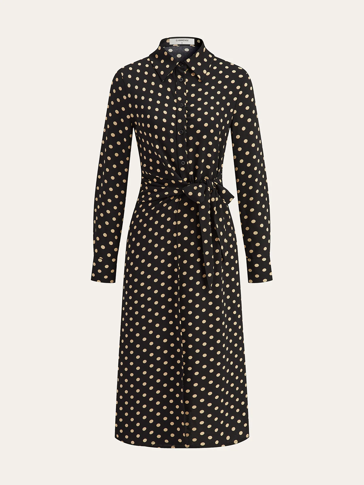 Polka Dot Shirt Collar Belted Long Sleeve Dress - Wholesalesil