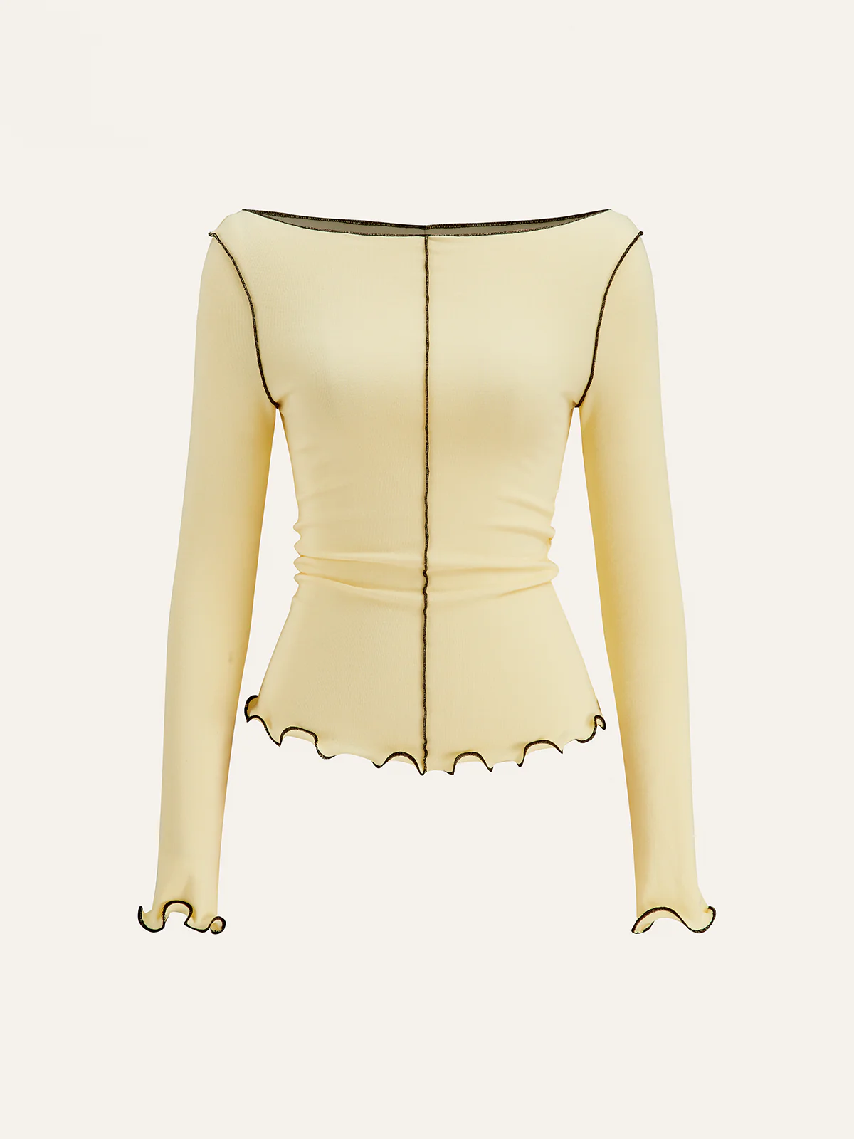 Long Sleeve Contrast Trim Ruffled T-Shirt - Wholesalesil