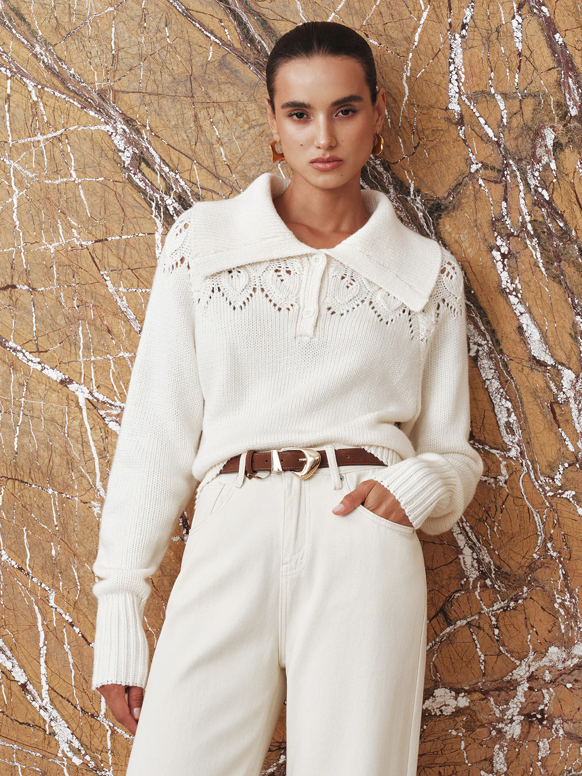 Eyelet Collared Knit Sweater - Wholesalesil