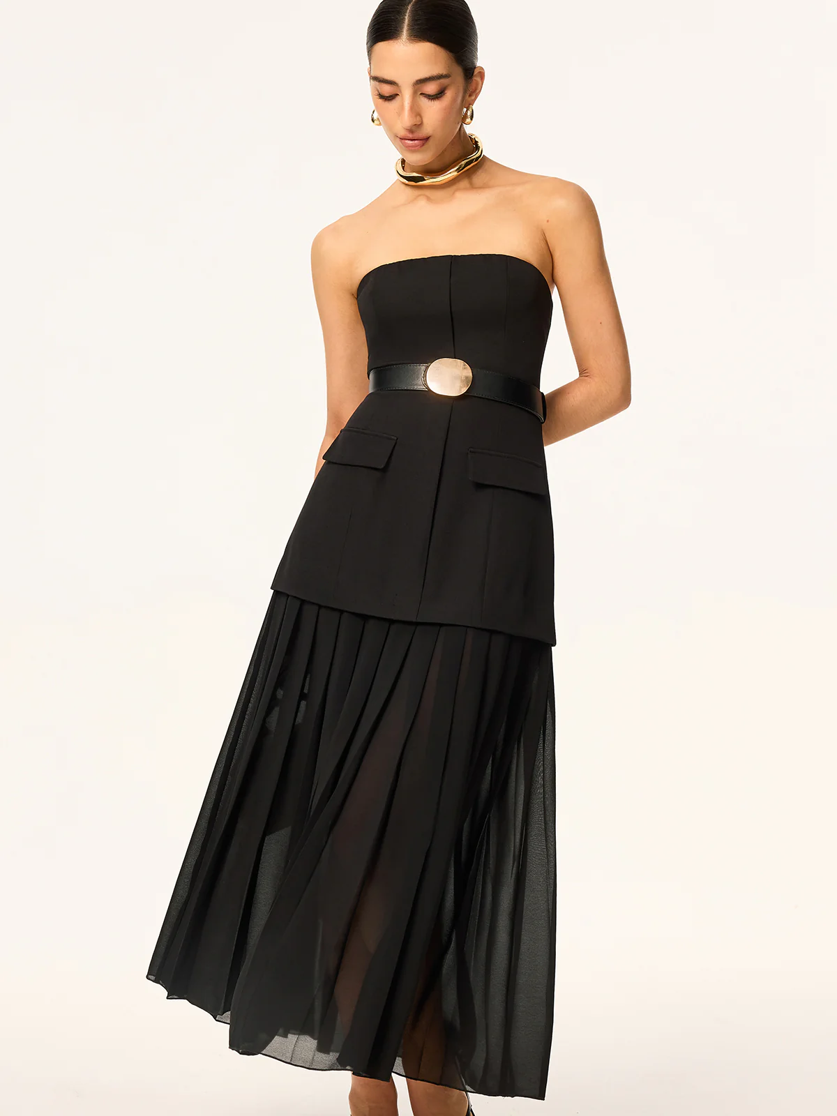 Semi-Sheer Strapless Belted Midi Dress with Chiffon Hem - Wholesalesil