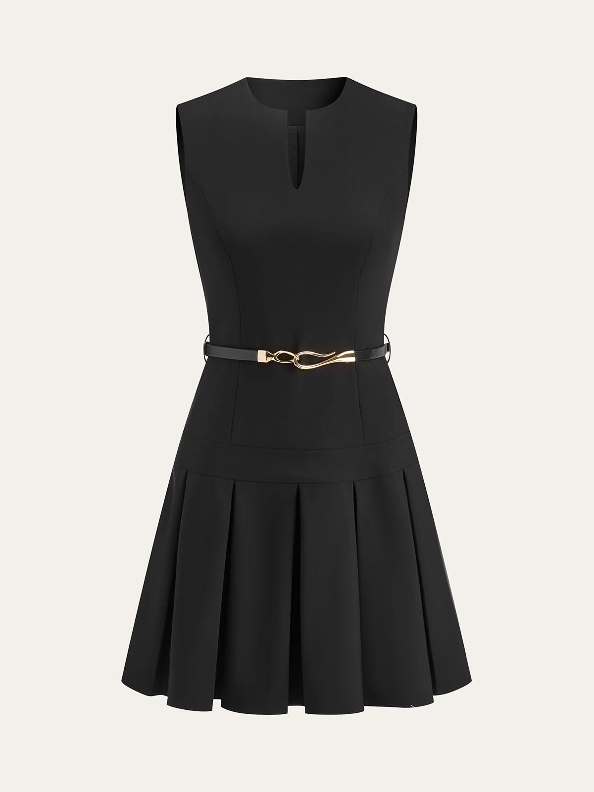 Sleeveless Keyhole-Neck Belted Pleated Mini Dress - Wholesalesil