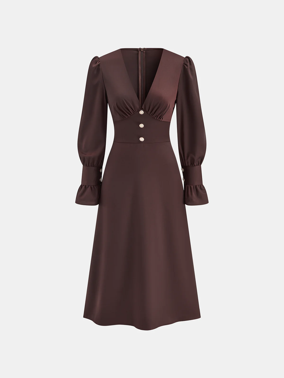 V-Neck Puff Sleeve Button Fitted Dress - Wholesalesil