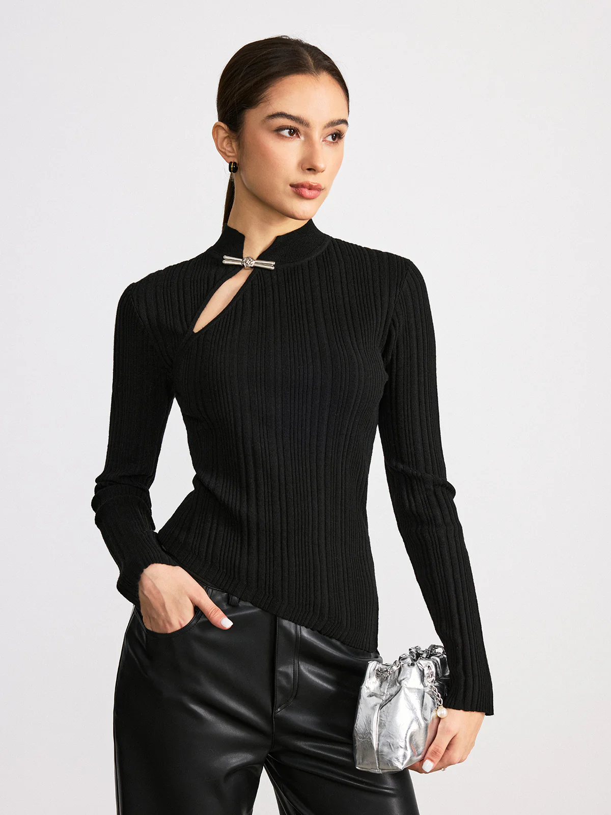 Metal Knot Detail Asymmetric Ribbed Sweater - Wholesalesil