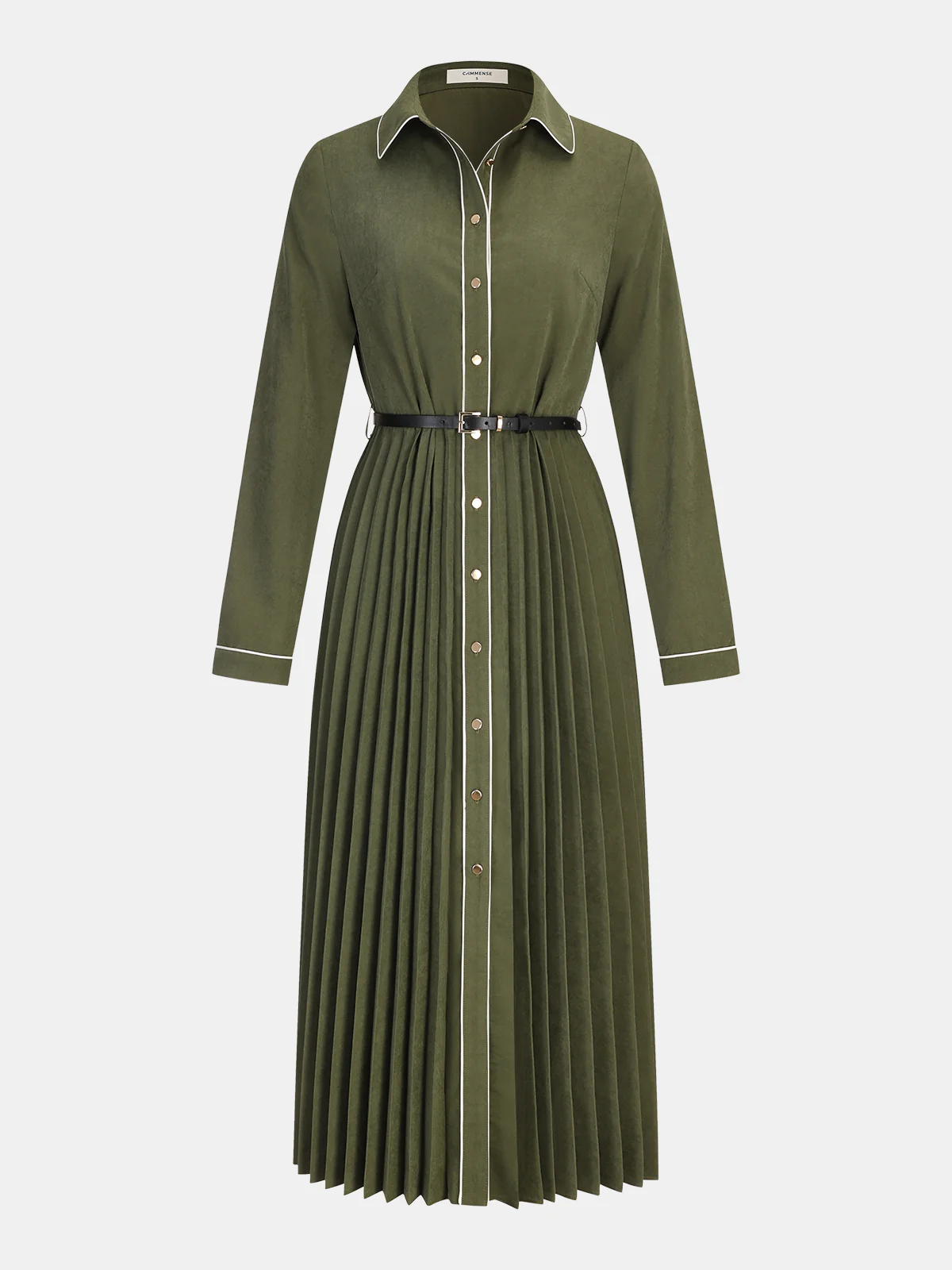 Contrast Piping Pleated Shirt Dress - Wholesalesil