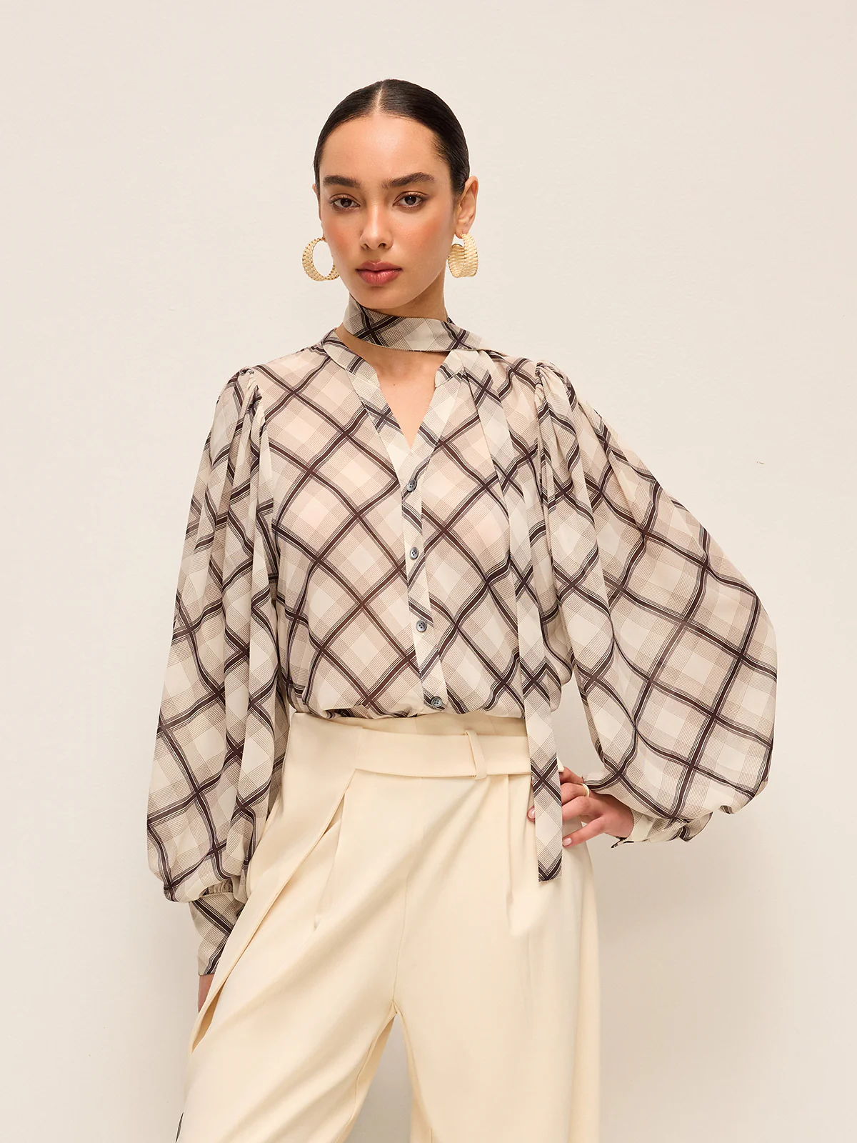 Long-Sleeve Plaid Chiffon Shirt With Neck-Tie Detail - Wholesalesil