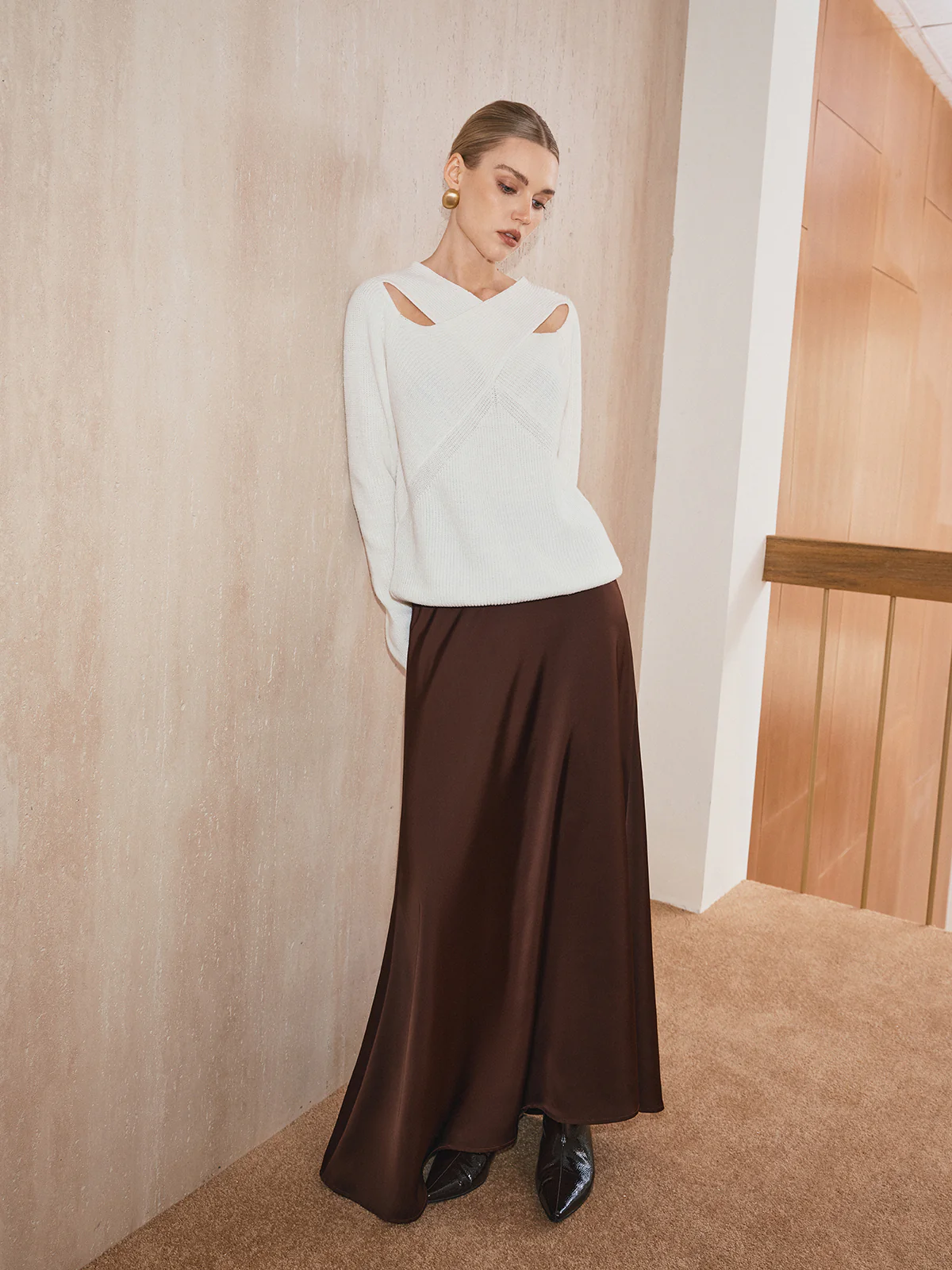 Cross-Over Collar Cut-Out Knit Sweater - Wholesalesil