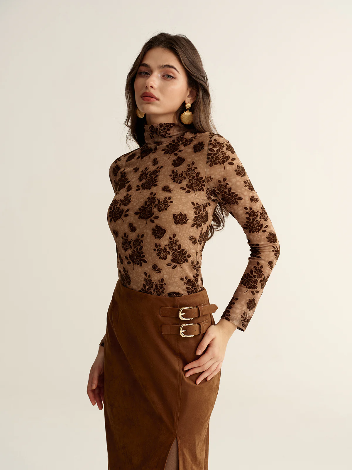 Floral Mesh Mock Neck Long Sleeve Top - Wholesalesil