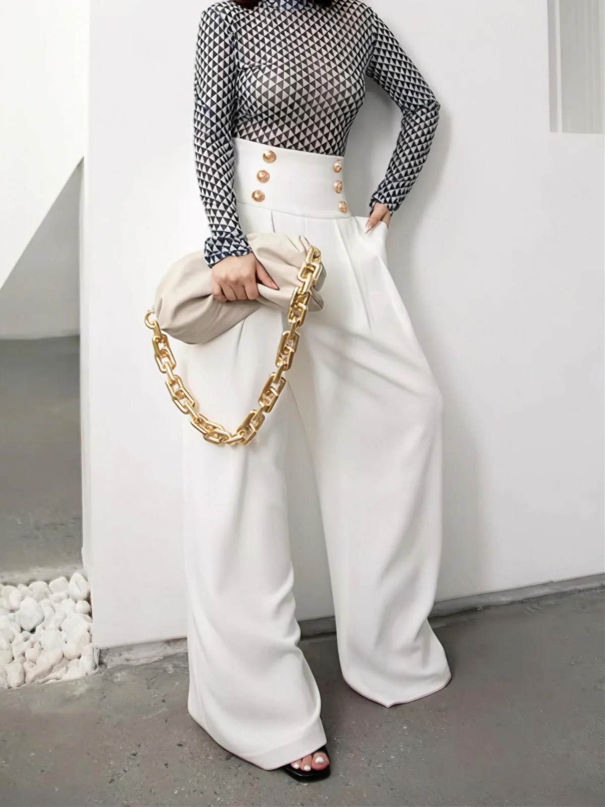 High-Waist Metal Detail Wide-Leg Pants - Wholesalesil