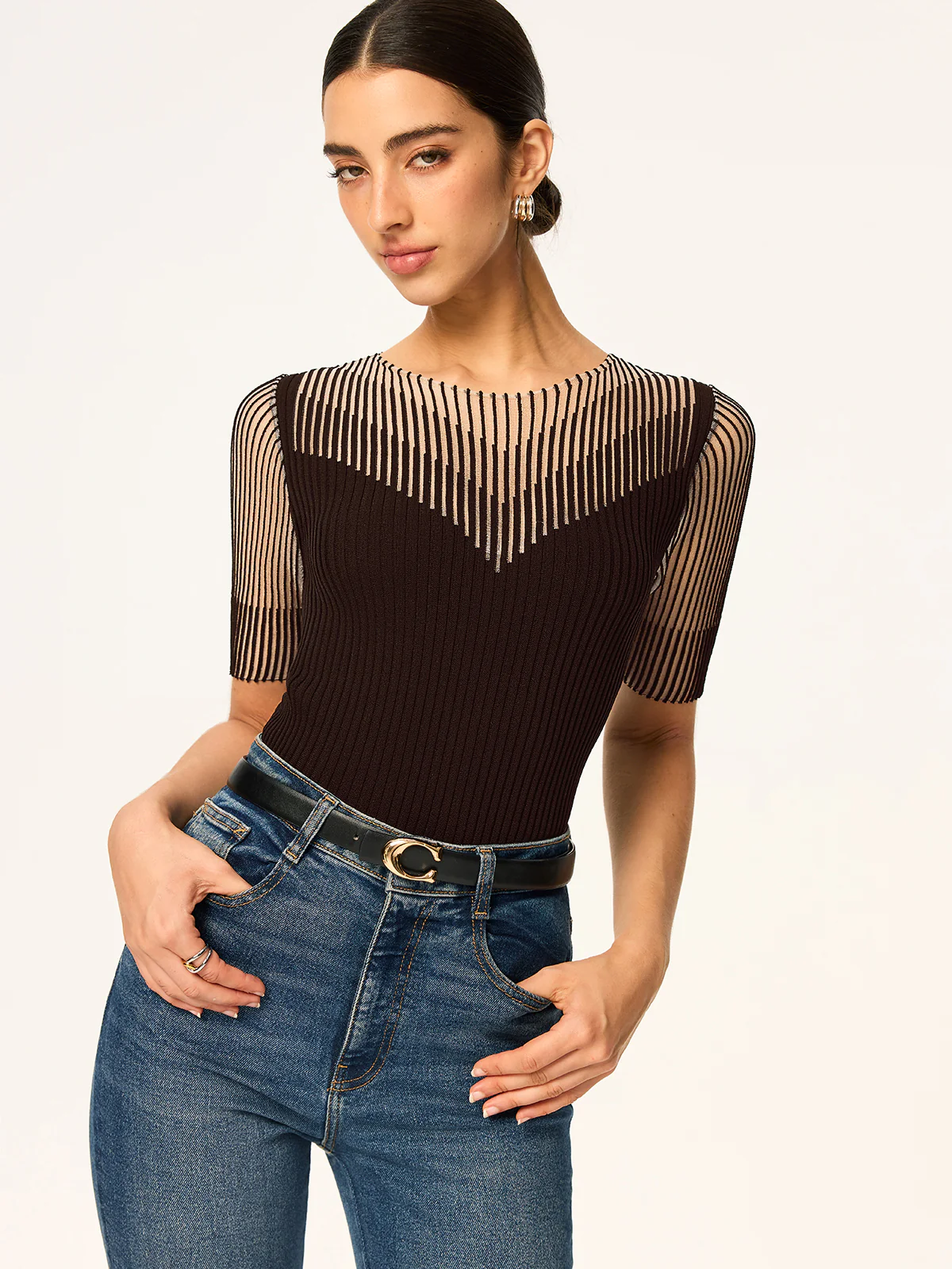Sheer Striped Panel Ribbed Knit Top - Wholesalesil