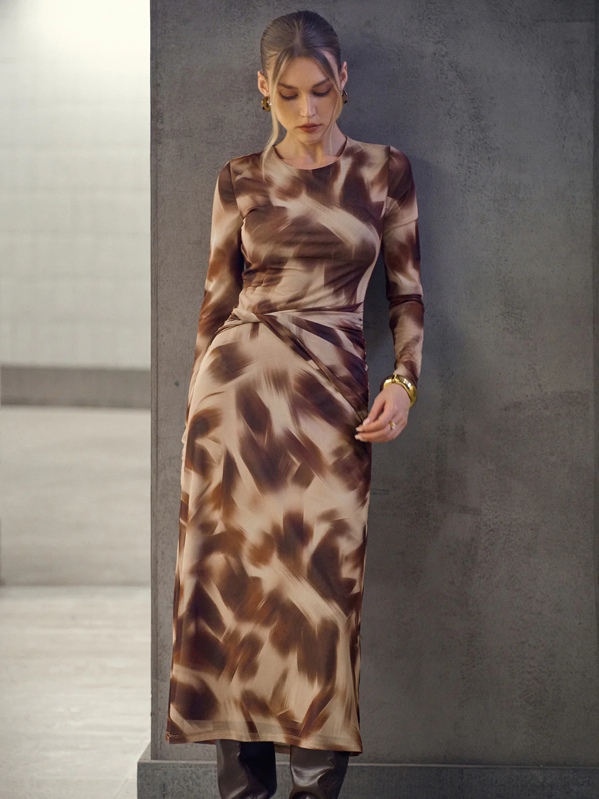 Abstract Print Twisted Mesh Midi Dress - Wholesalesil